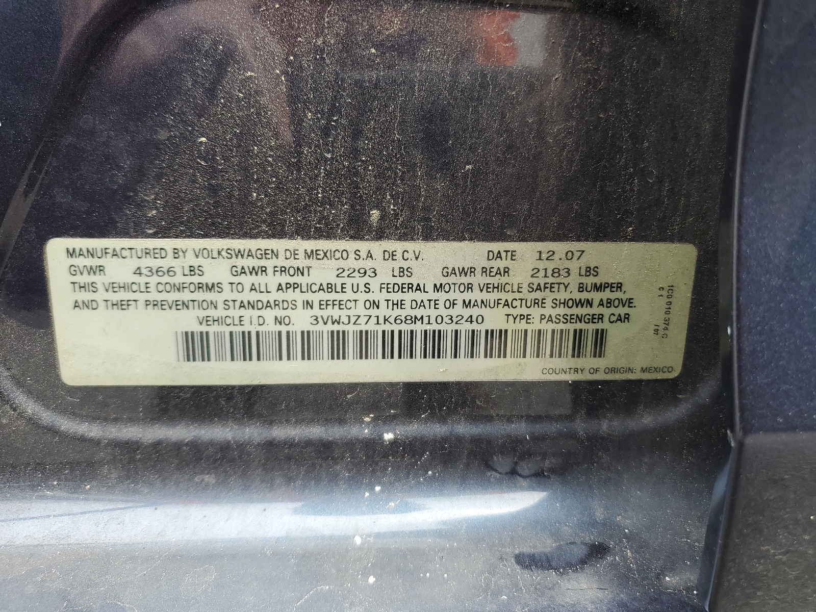 3VWJZ71K68M103240 2008 Volkswagen Jetta S