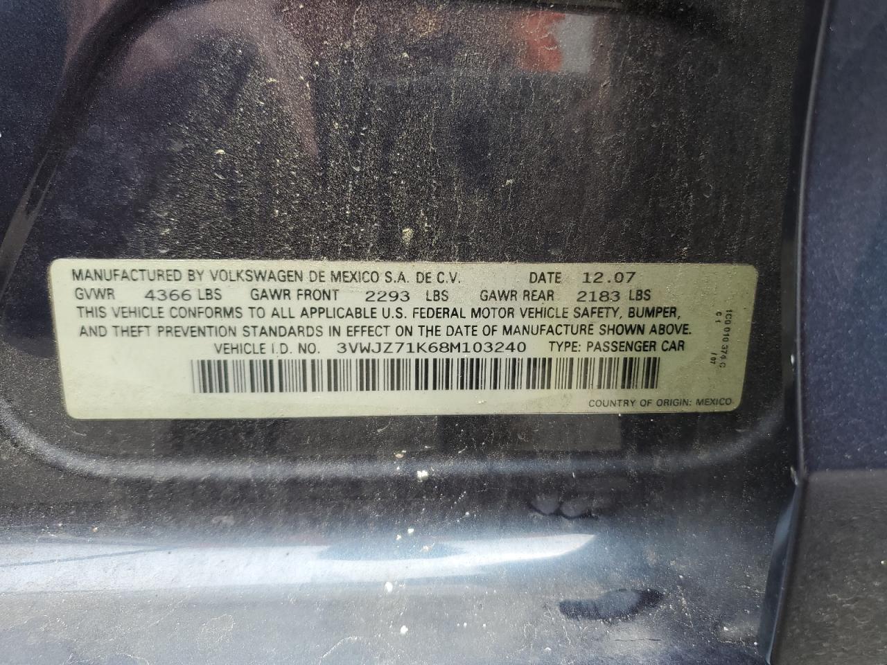 2008 Volkswagen Jetta S VIN: 3VWJZ71K68M103240 Lot: 61754854