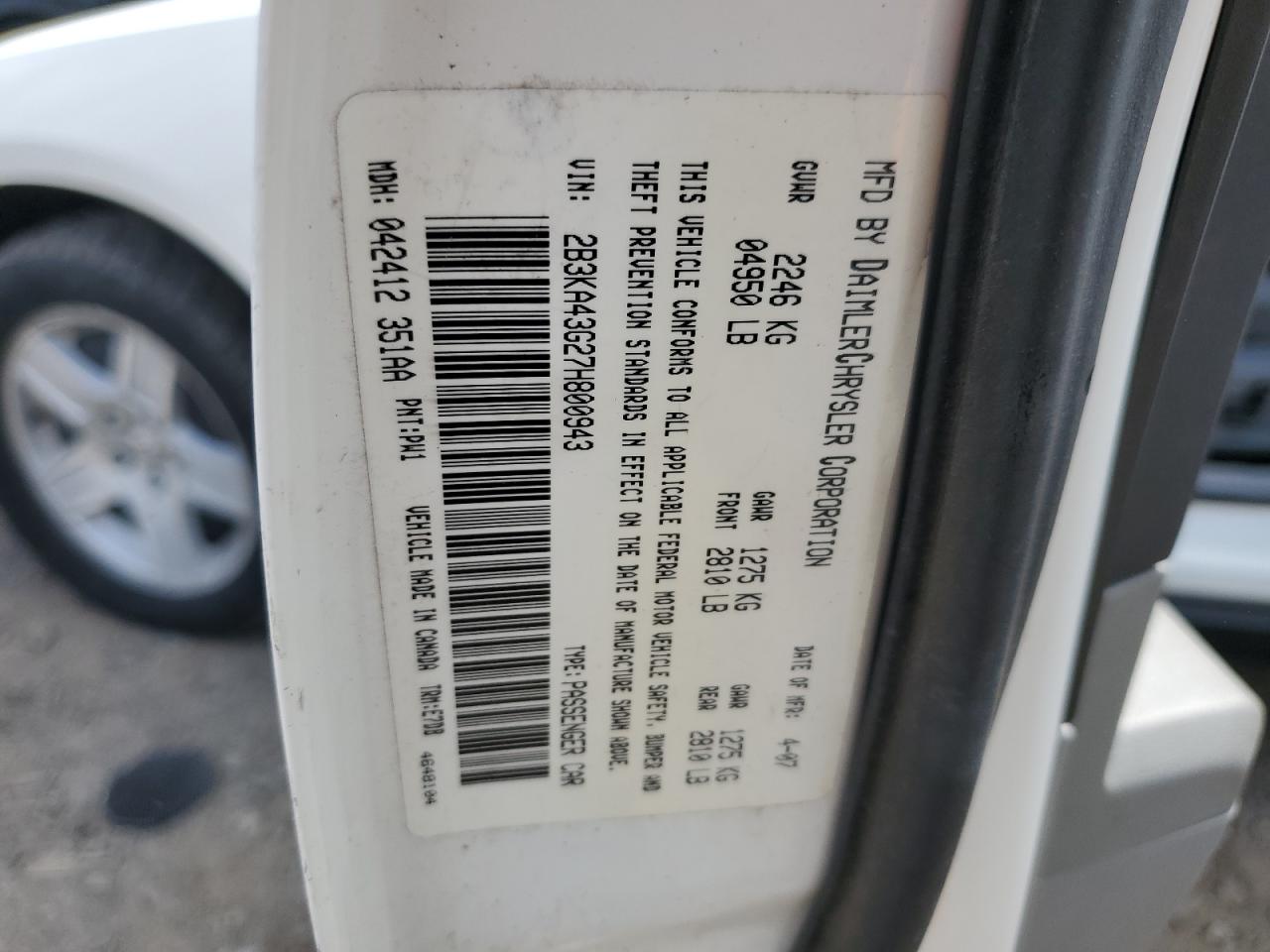 2007 Dodge Charger Se VIN: 2B3KA43G27H800943 Lot: 65424174