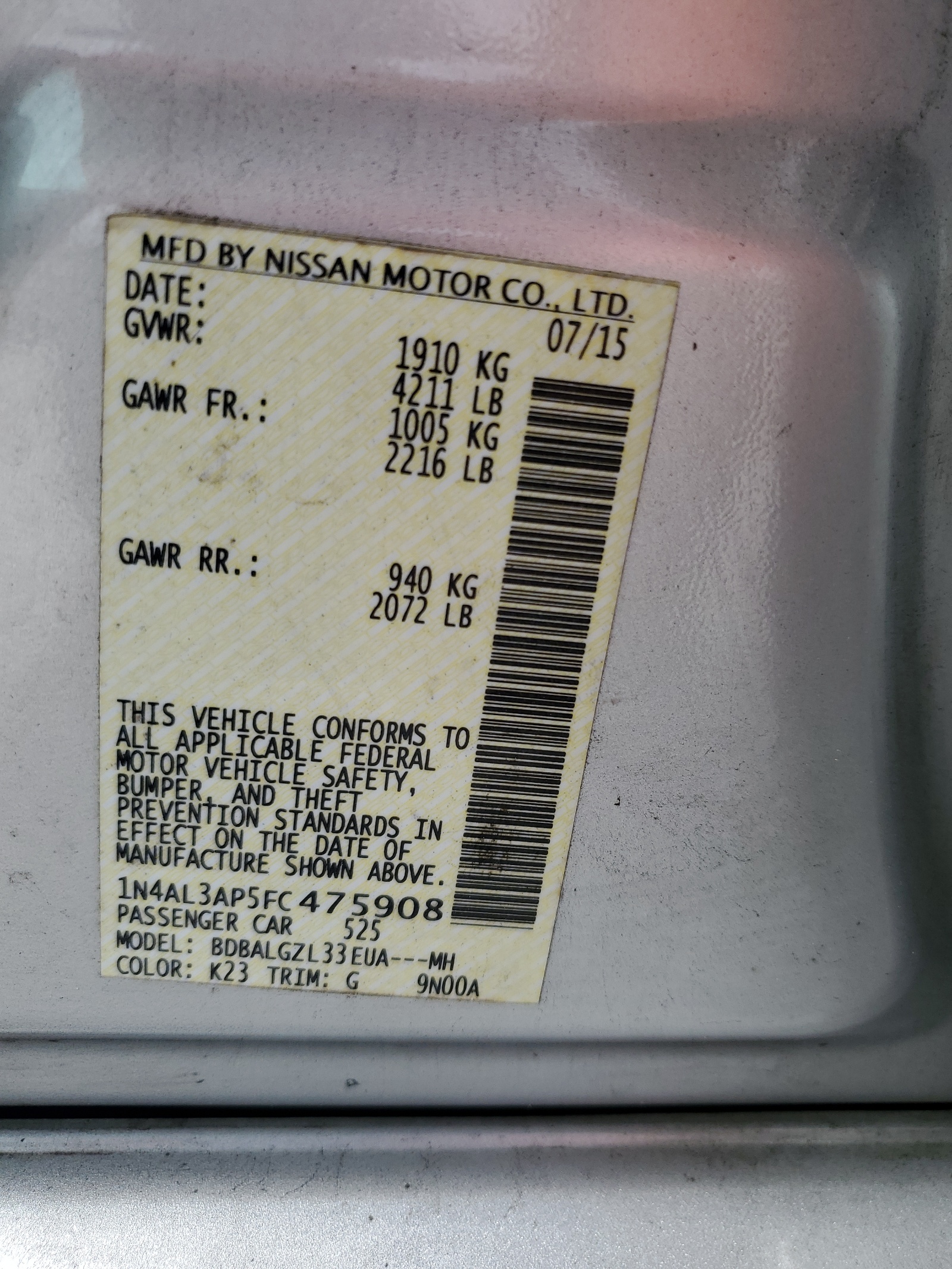 1N4AL3AP5FC475908 2015 Nissan Altima 2.5