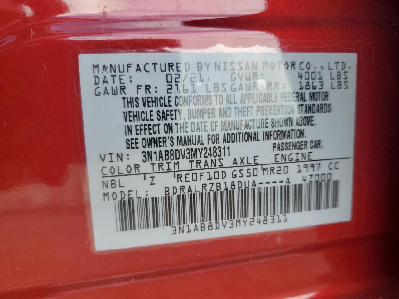 3N1AB8DV3MY248311 2021 Nissan Sentra Sr