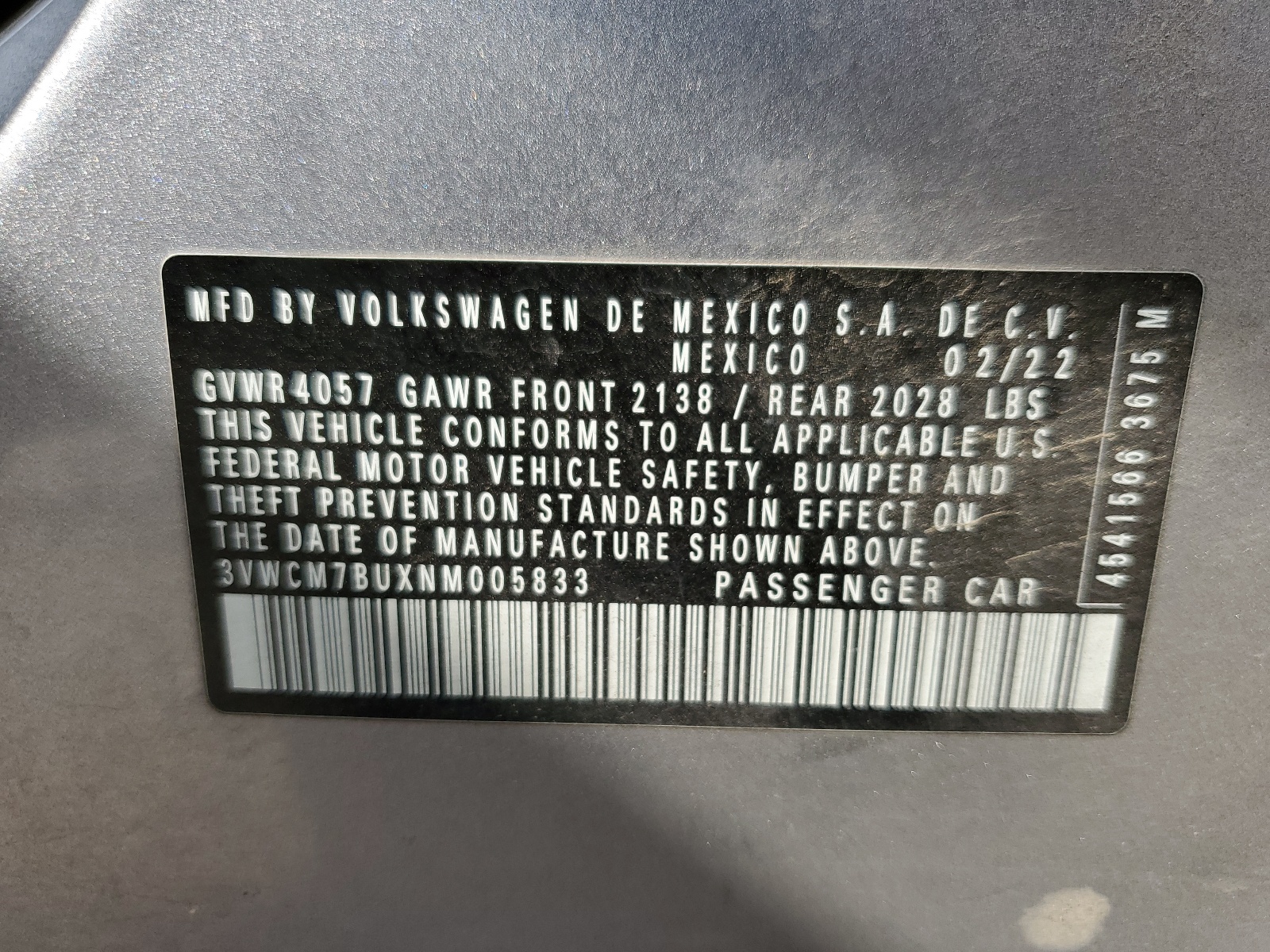 3VWCM7BUXNM005833 2022 Volkswagen Jetta S