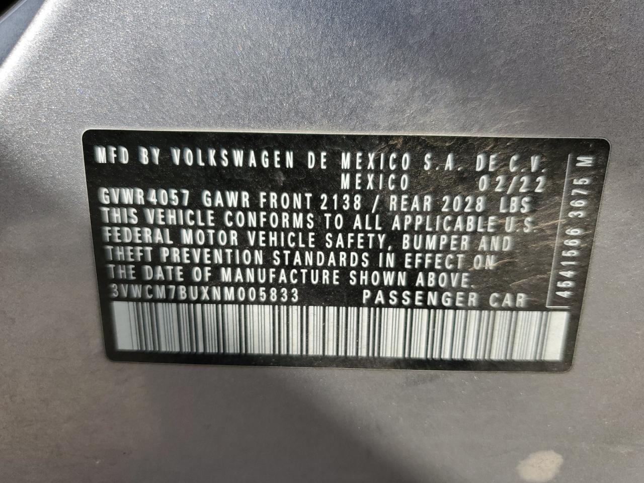 2022 Volkswagen Jetta S VIN: 3VWCM7BUXNM005833 Lot: 63538654