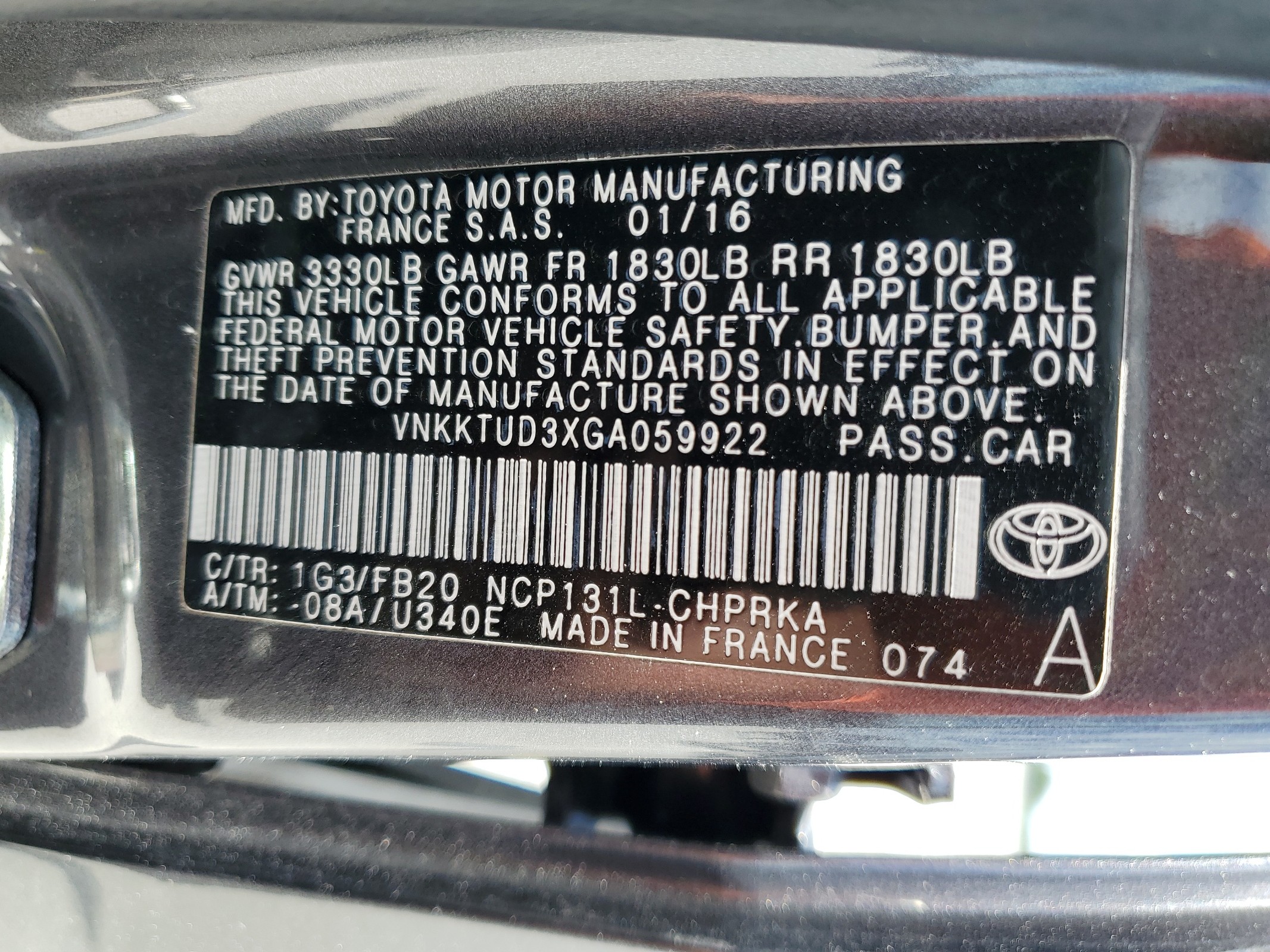 VNKKTUD3XGA059922 2016 Toyota Yaris L