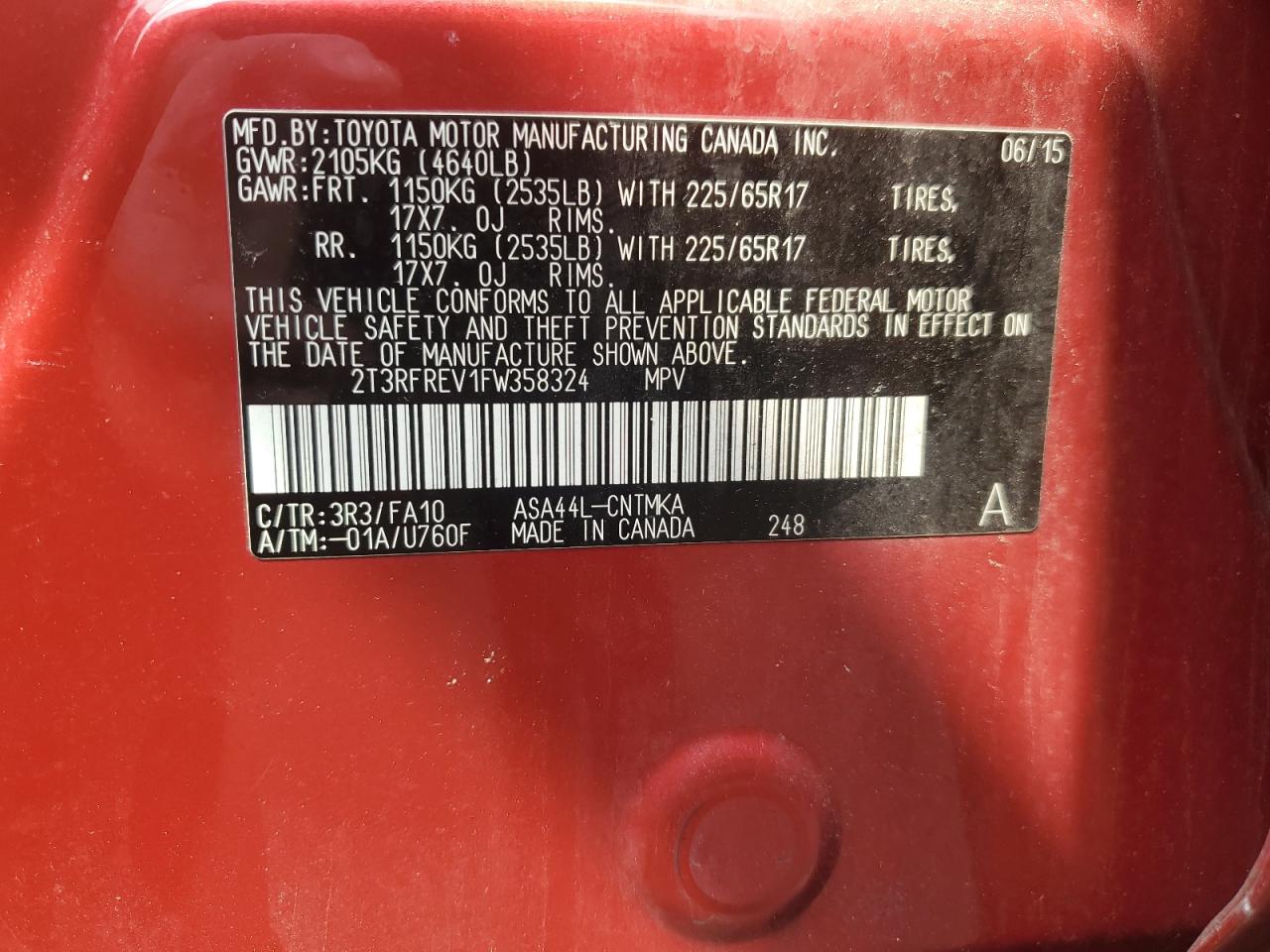 2015 Toyota Rav4 Xle VIN: 2T3RFREV1FW358324 Lot: 64821044