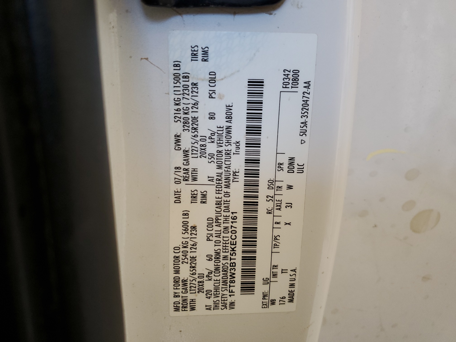 1FT8W3BT5KEC07161 2019 Ford F350 Super Duty