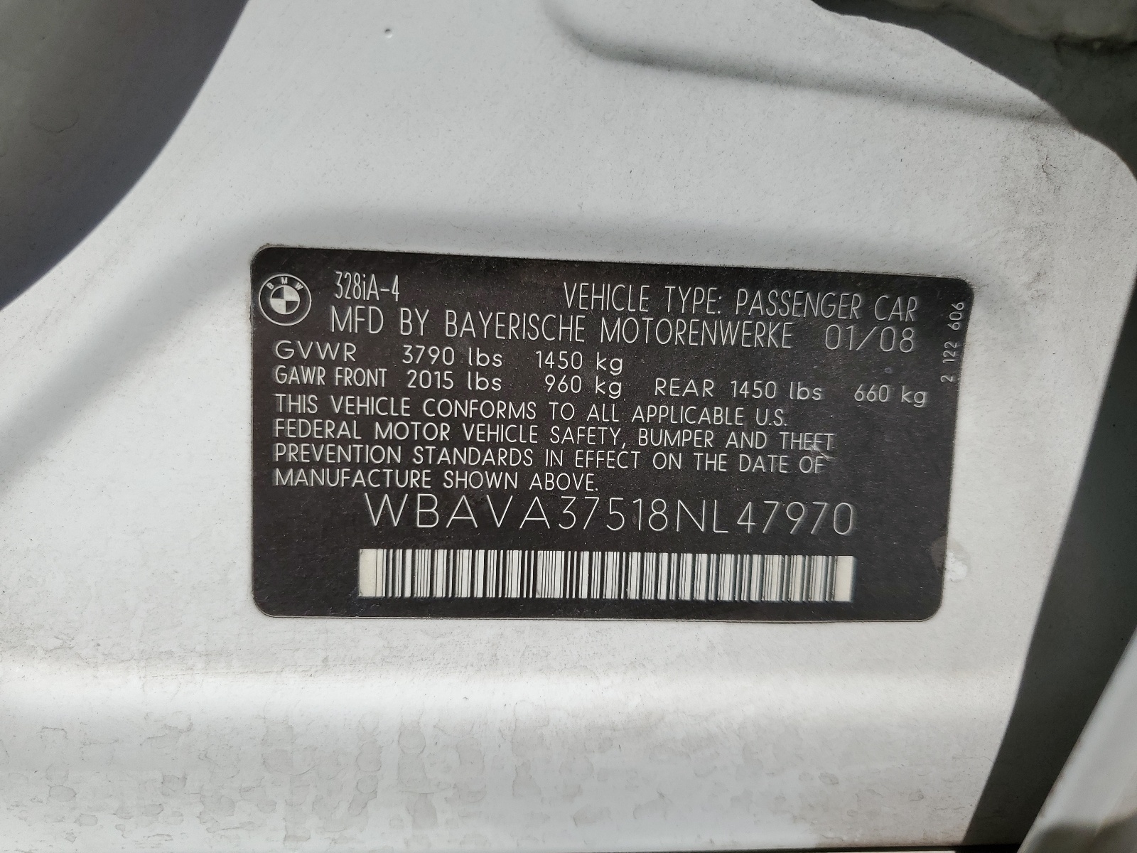 WBAVA37518NL47970 2008 BMW 328 I