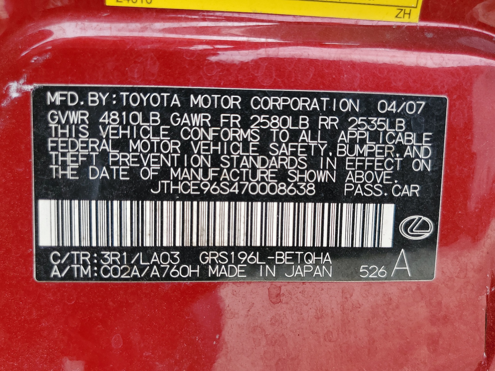 JTHCE96S470008638 2007 Lexus Gs 350