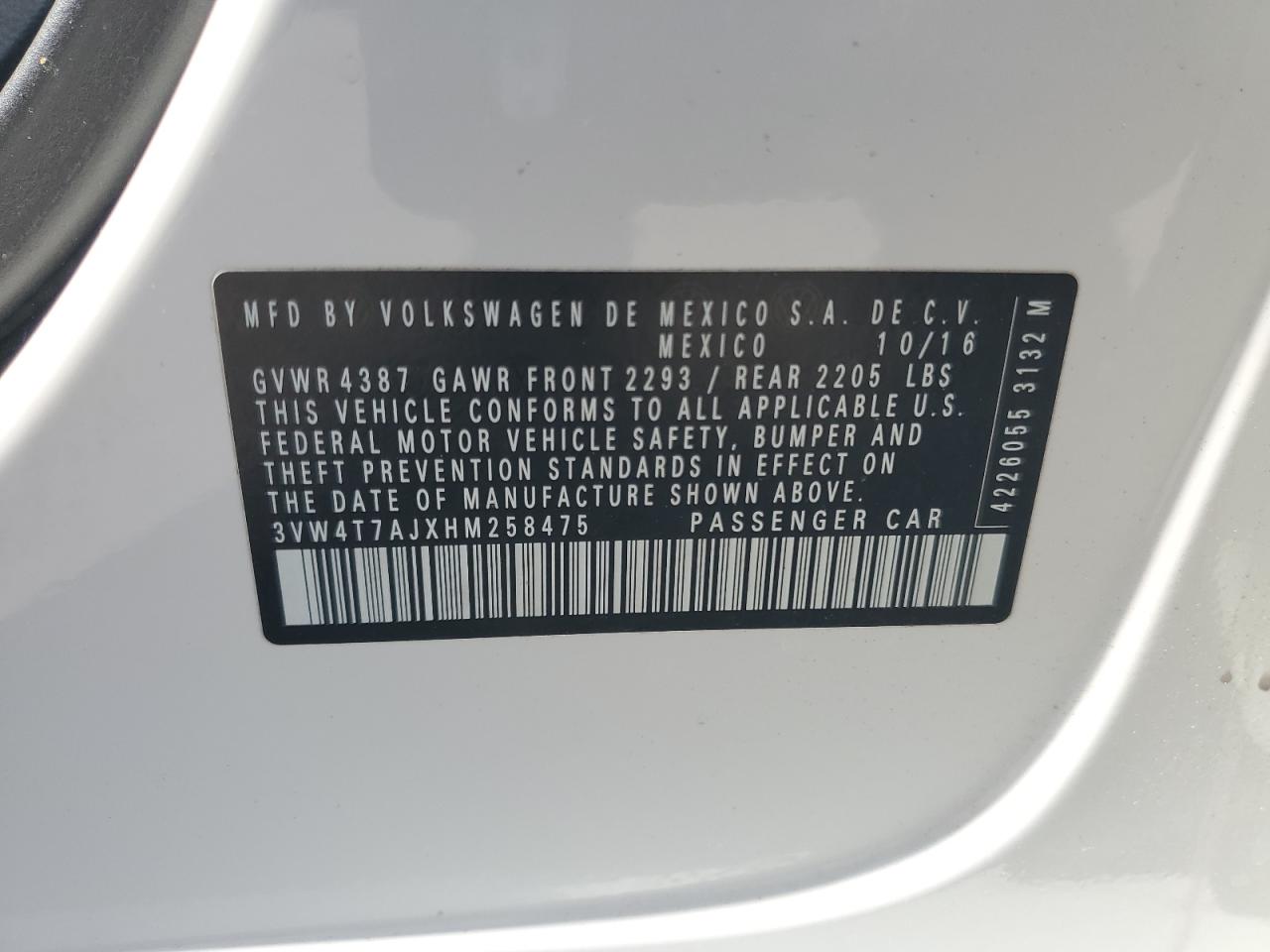 2017 Volkswagen Jetta Gli VIN: 3VW4T7AJXHM258475 Lot: 64958274