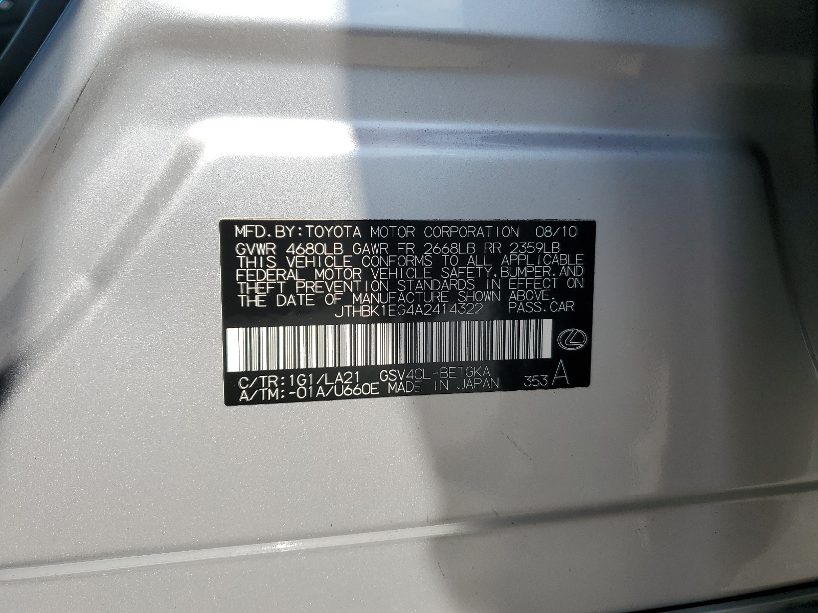 JTHBK1EG4A2414322 2010 Lexus Es 350