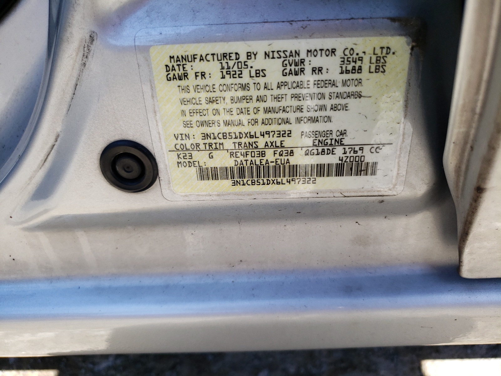 3N1CB51DX6L497322 2006 Nissan Sentra 1.8