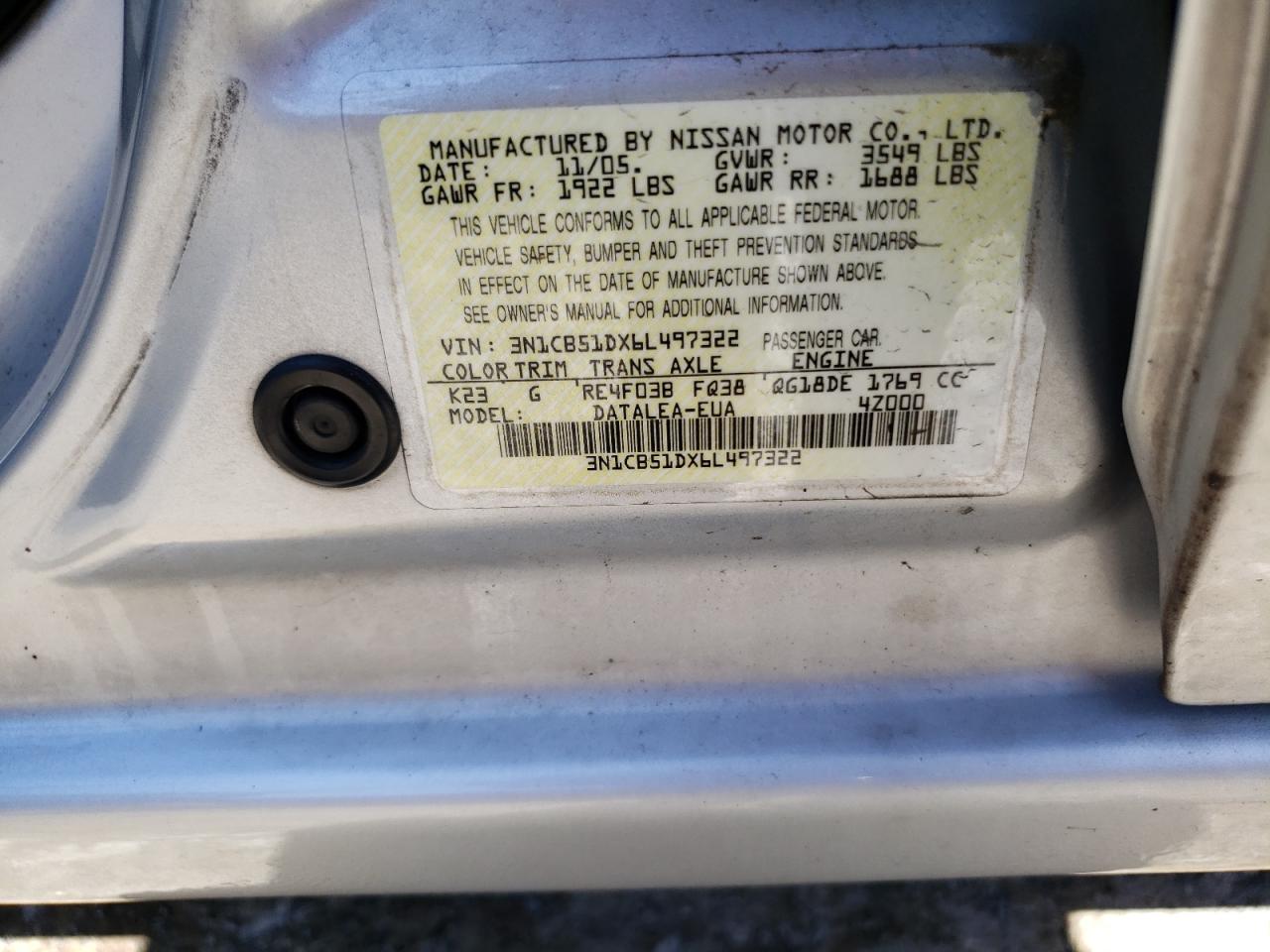 2006 Nissan Sentra 1.8 VIN: 3N1CB51DX6L497322 Lot: 58601754