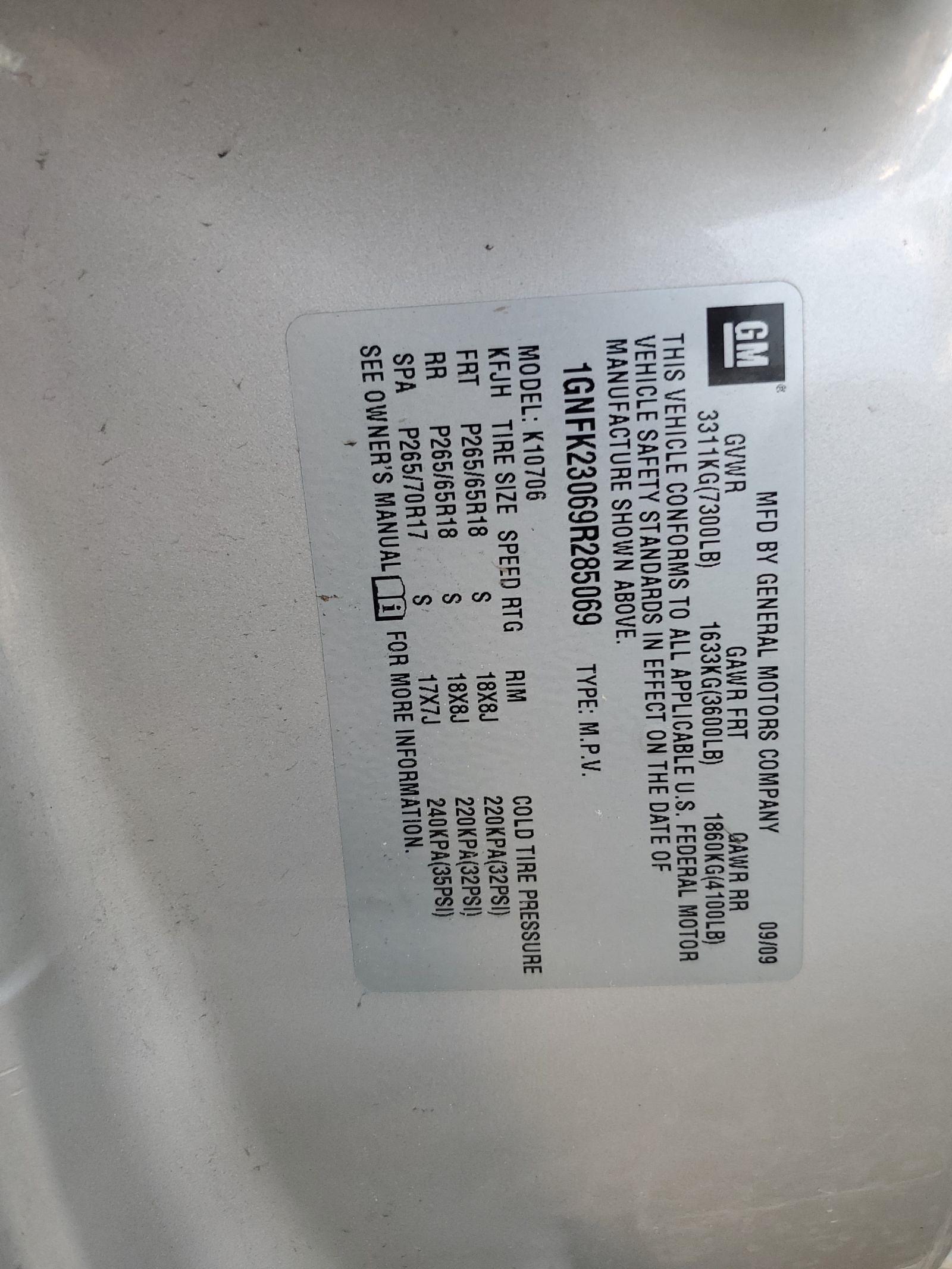 1GNFK23069R285069 2009 Chevrolet Tahoe K1500 Lt