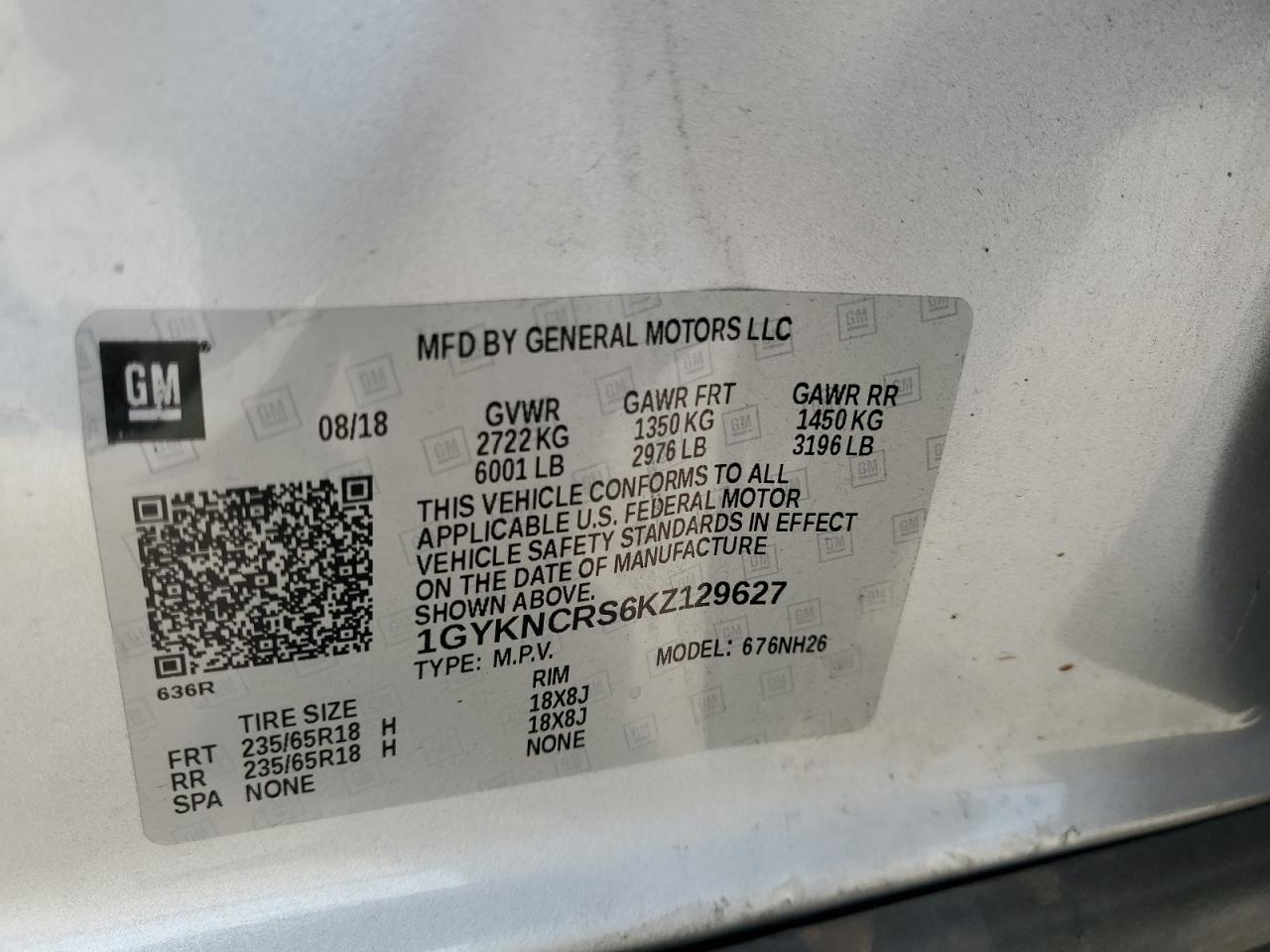 2019 Cadillac Xt5 Luxury VIN: 1GYKNCRS6KZ129627 Lot: 64859214