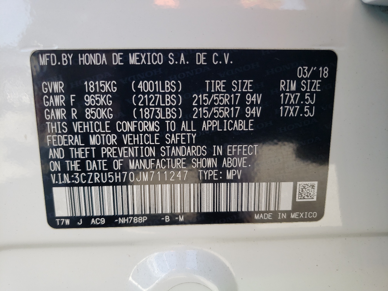 3CZRU5H70JM711247 2018 Honda Hr-V Exl