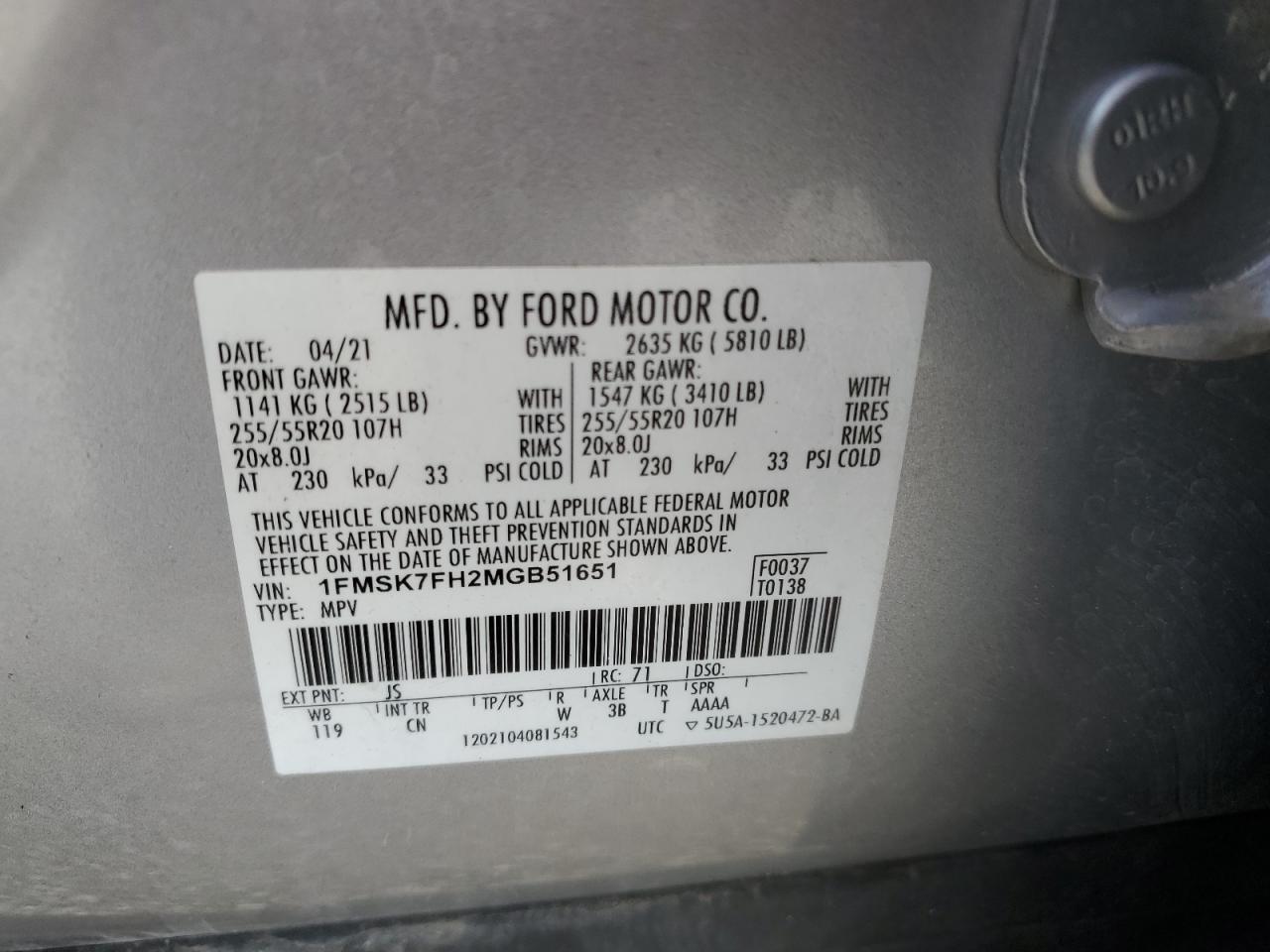 2021 Ford Explorer Limited VIN: 1FMSK7FH2MGB51651 Lot: 65091624