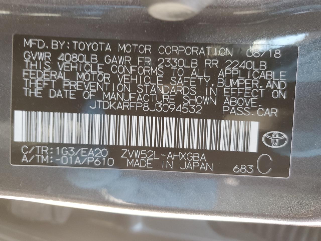 2018 Toyota Prius Prime VIN: JTDKARFP8J3094532 Lot: 63031844