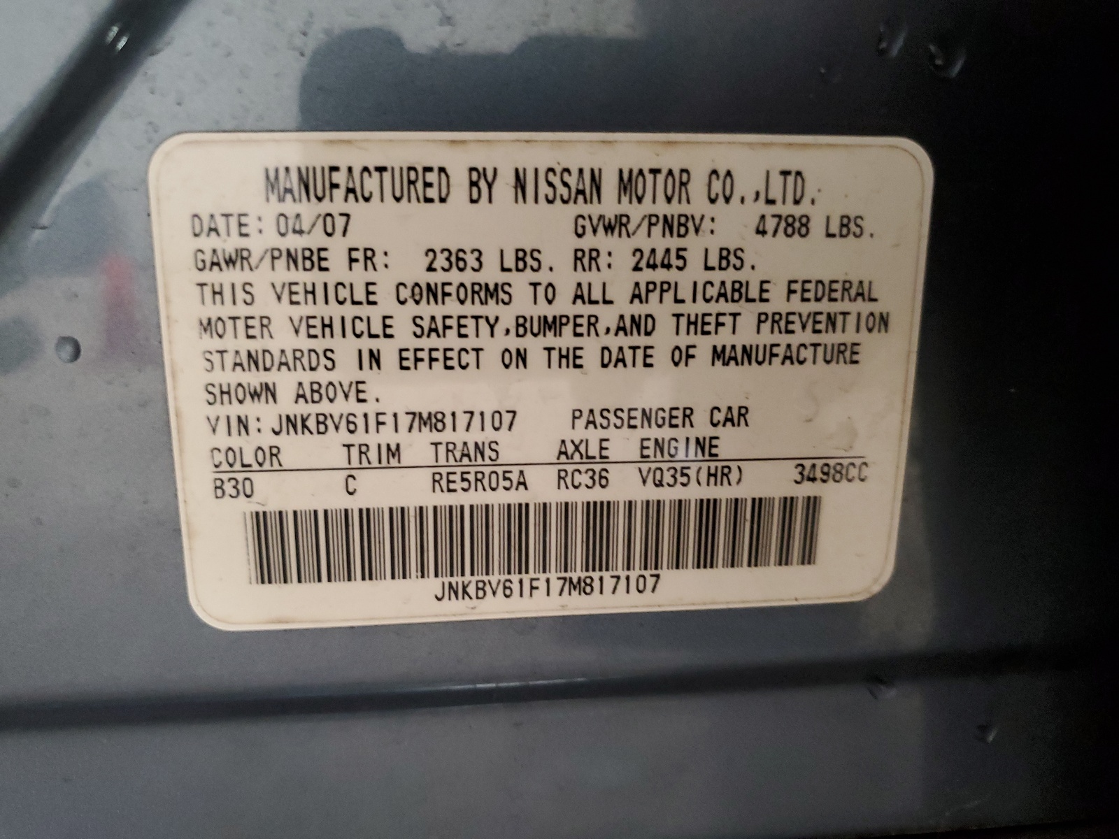 JNKBV61F17M817107 2007 Infiniti G35