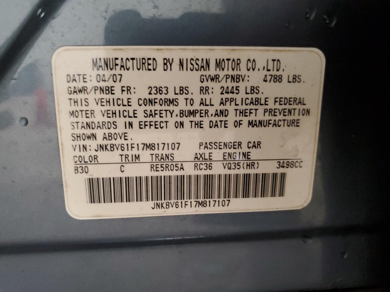 2007 Infiniti G35 VIN: JNKBV61F17M817107 Lot: 64117214