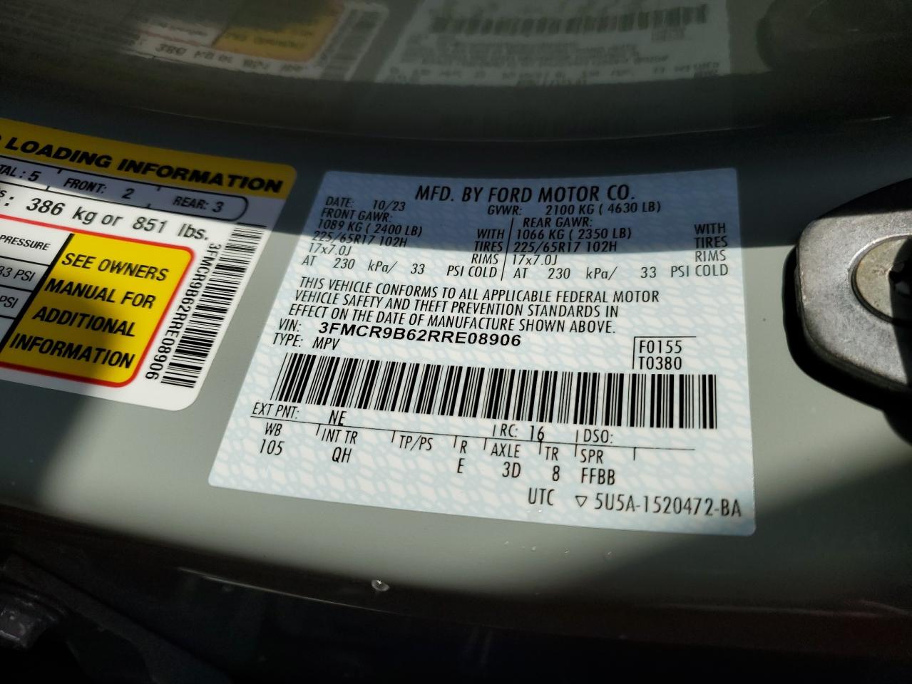 2024 Ford Bronco Sport Big Bend VIN: 3FMCR9B62RRE08906 Lot: 62616334