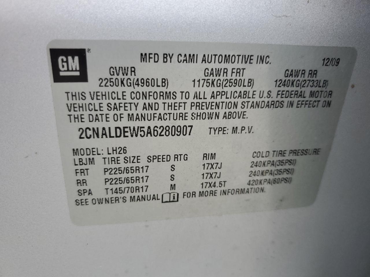 2CNALDEW5A6280907 2010 Chevrolet Equinox Lt