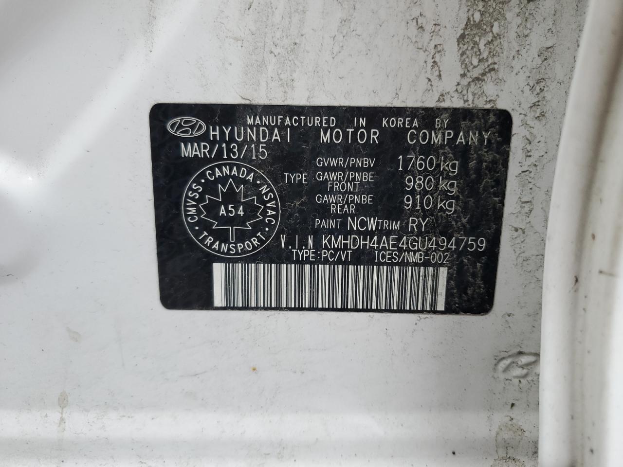 2016 Hyundai Elantra Se VIN: KMHDH4AE4GU494759 Lot: 63428334