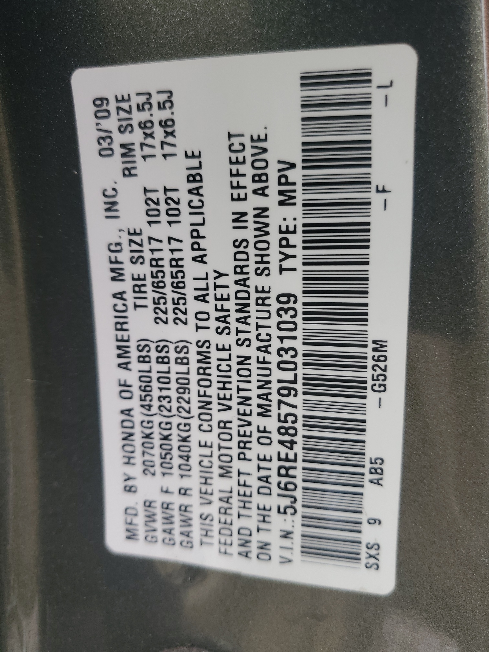 5J6RE48579L031039 2009 Honda Cr-V Ex