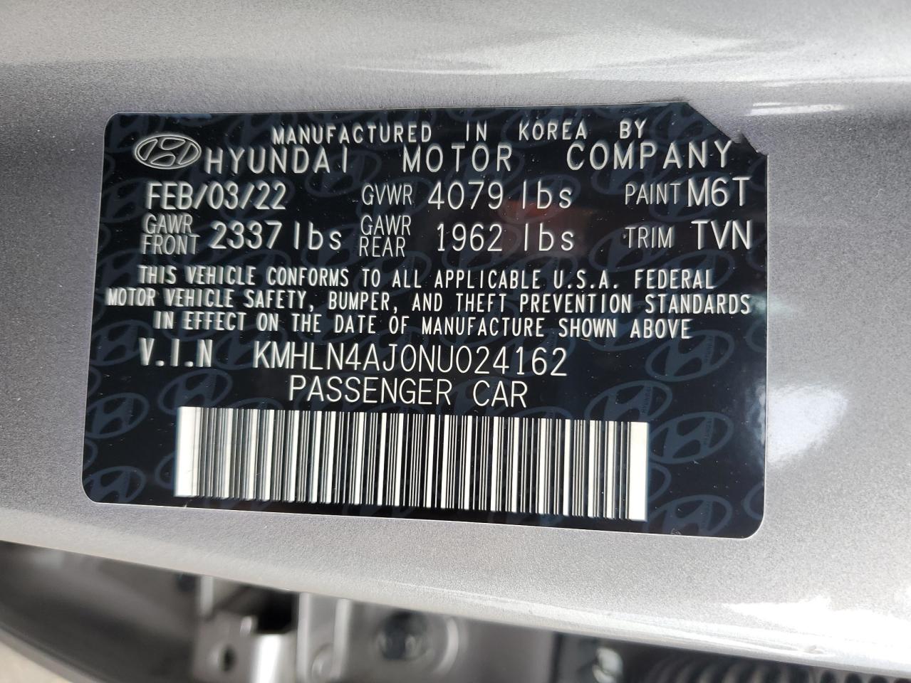 2022 Hyundai Elantra Limited VIN: KMHLN4AJ0NU024162 Lot: 63898864
