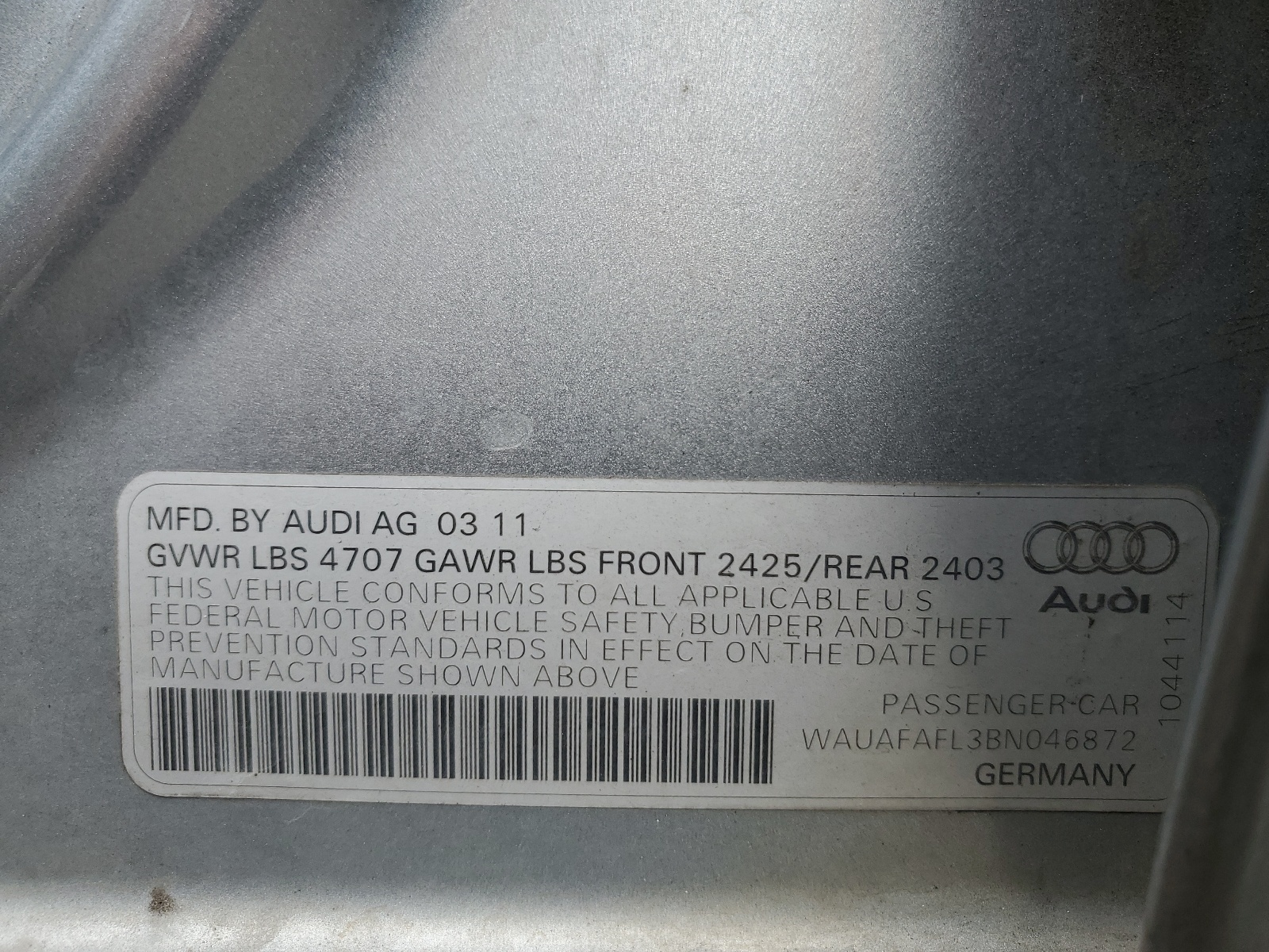 WAUAFAFL3BN046872 2011 Audi A4 Premium