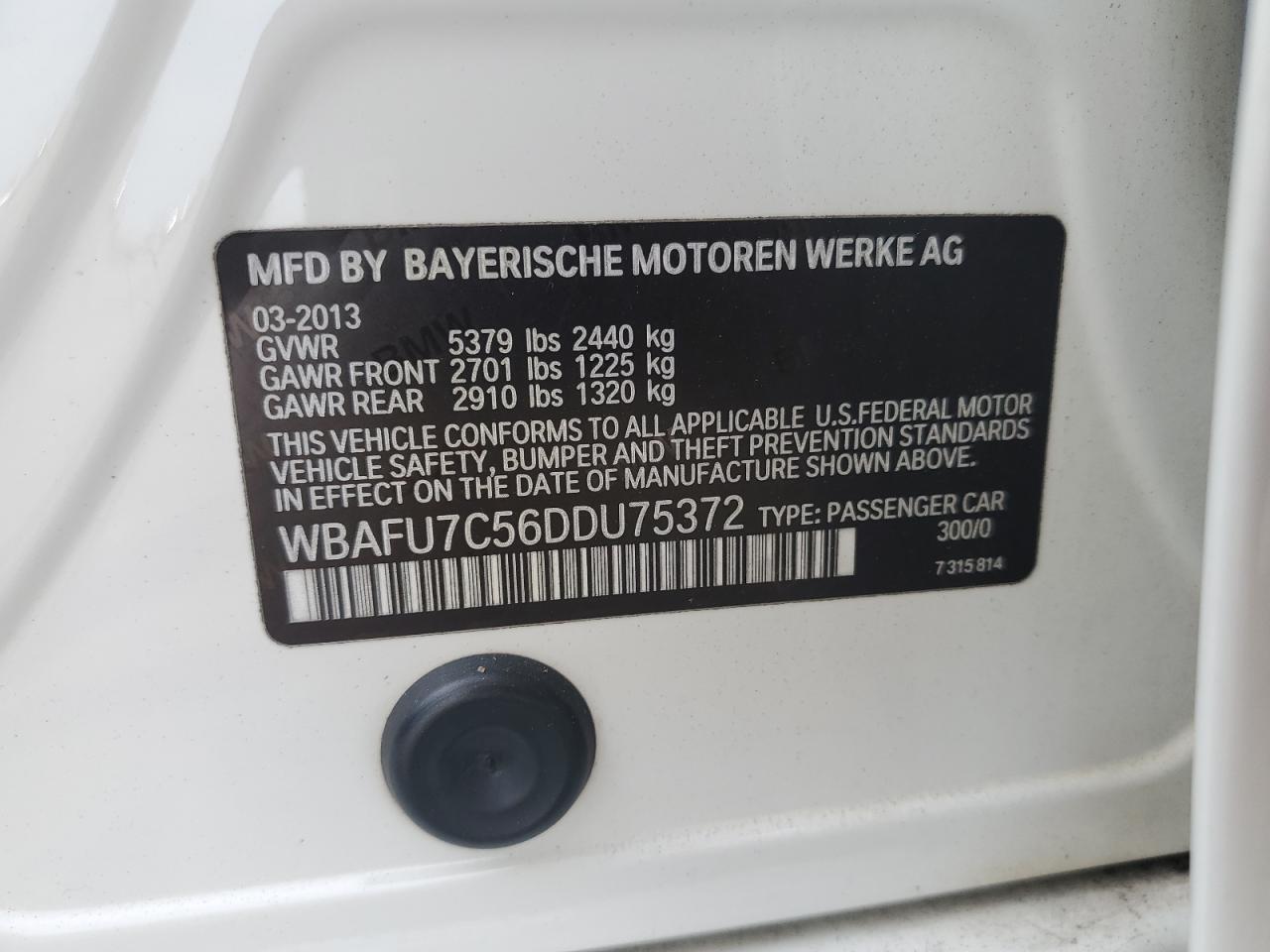 2013 BMW 535 Xi VIN: WBAFU7C56DDU75372 Lot: 63590554