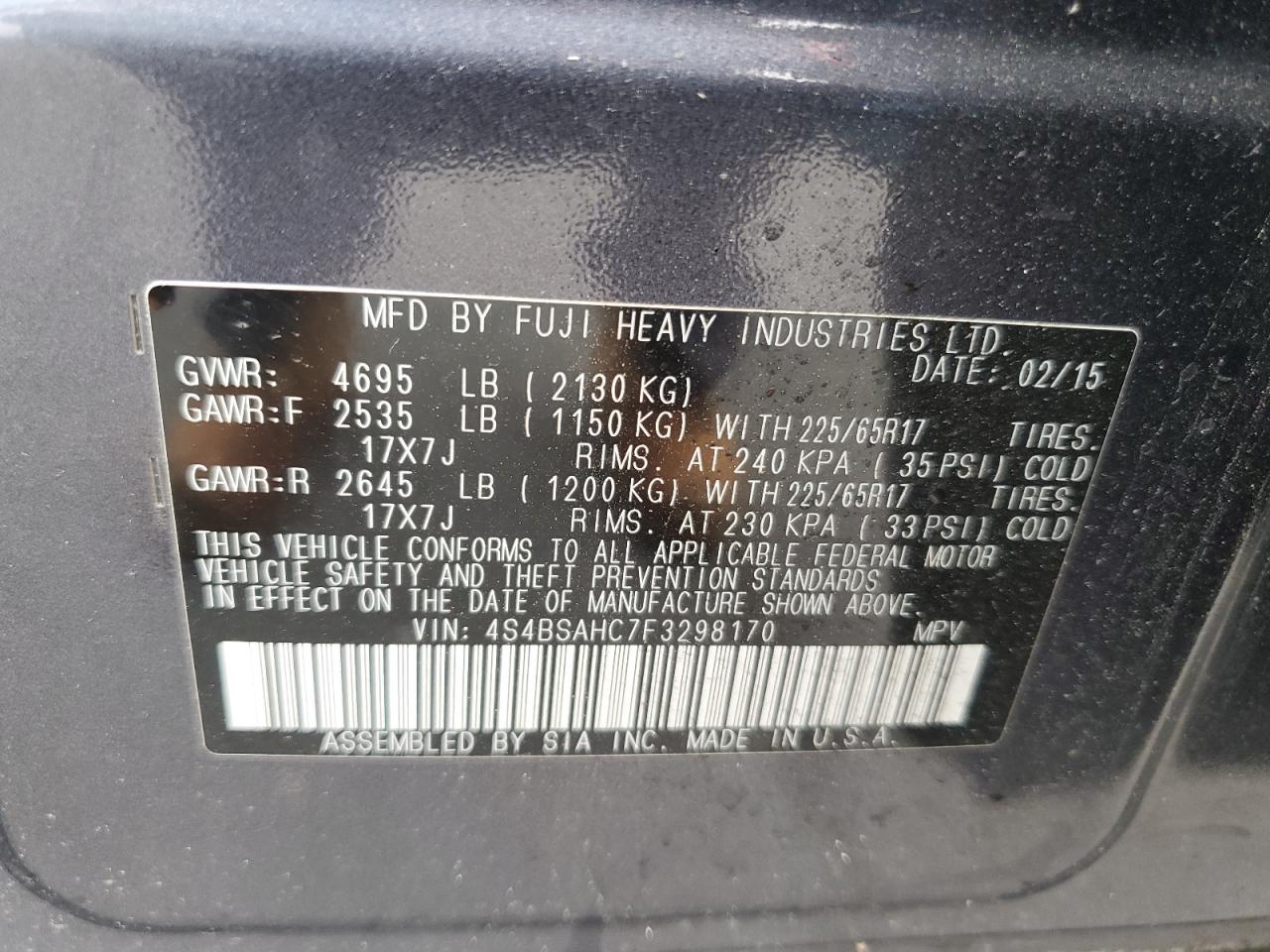 2015 Subaru Outback 2.5I Premium VIN: 4S4BSAHC7F3298170 Lot: 64620384