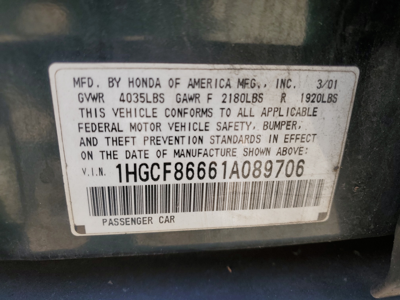 1HGCF86661A089706 2001 Honda Accord Value