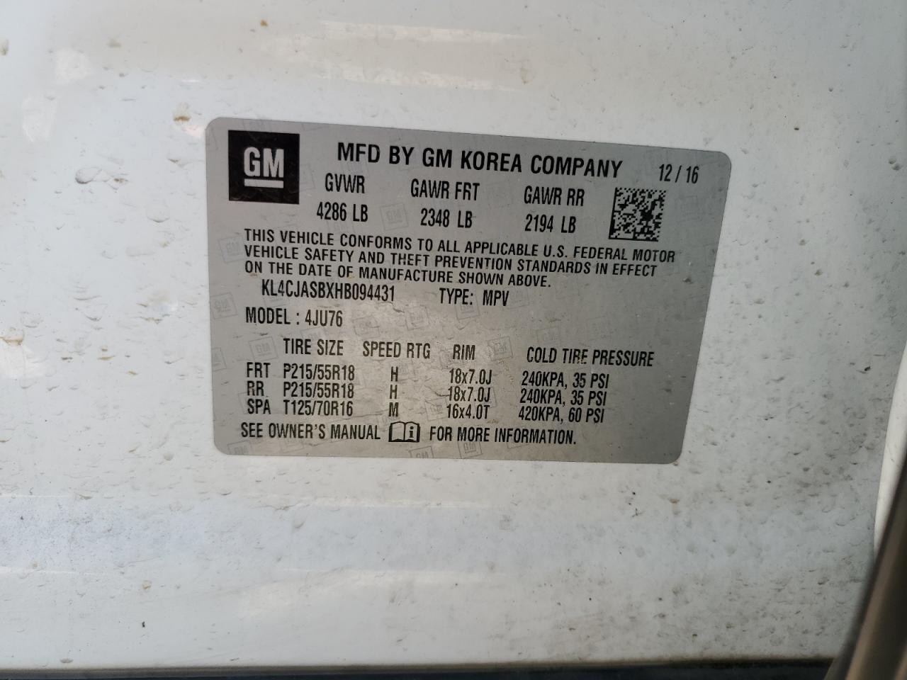 2017 Buick Encore Preferred VIN: KL4CJASBXHB094431 Lot: 62016164