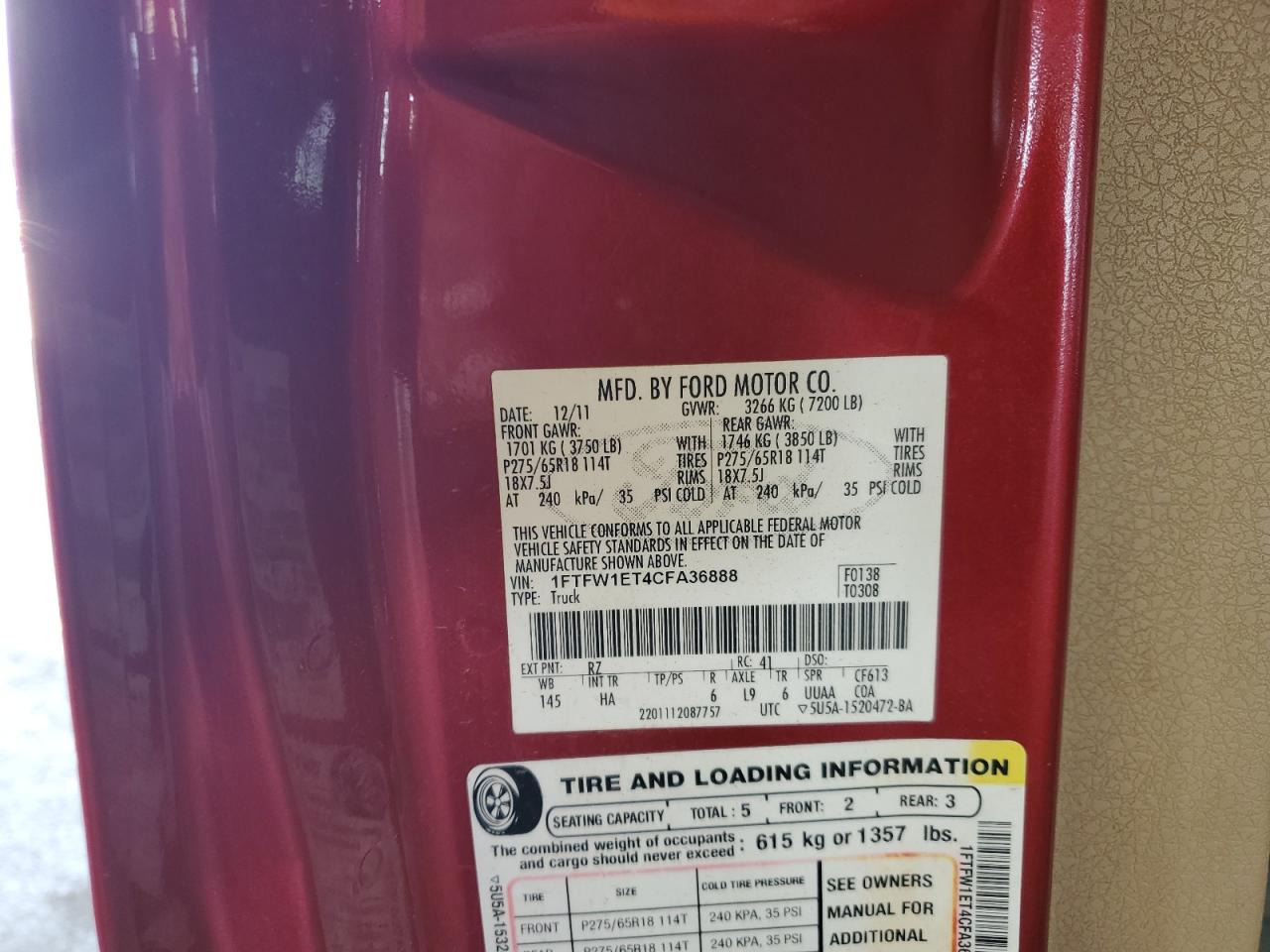 2012 Ford F150 Supercrew VIN: 1FTFW1ET4CFA36888 Lot: 62541574