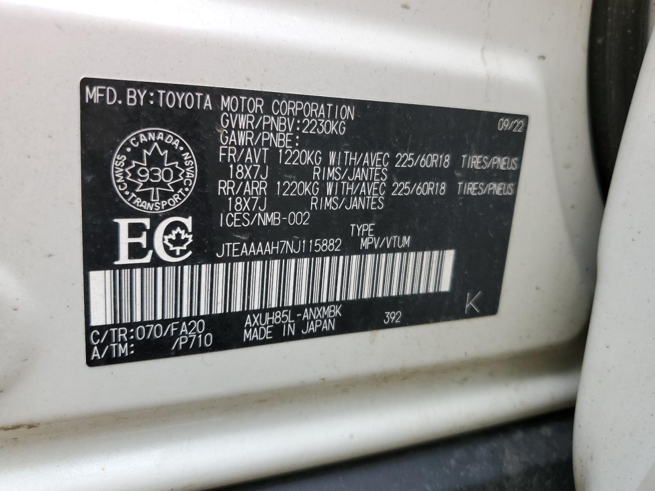 2022 Toyota Venza Le VIN: JTEAAAAH7NJ115882 Lot: 64764684