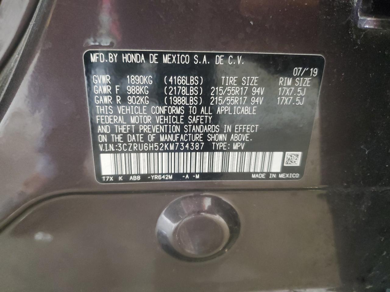 2019 Honda Hr-V Ex VIN: 3CZRU6H52KM734387 Lot: 62001964