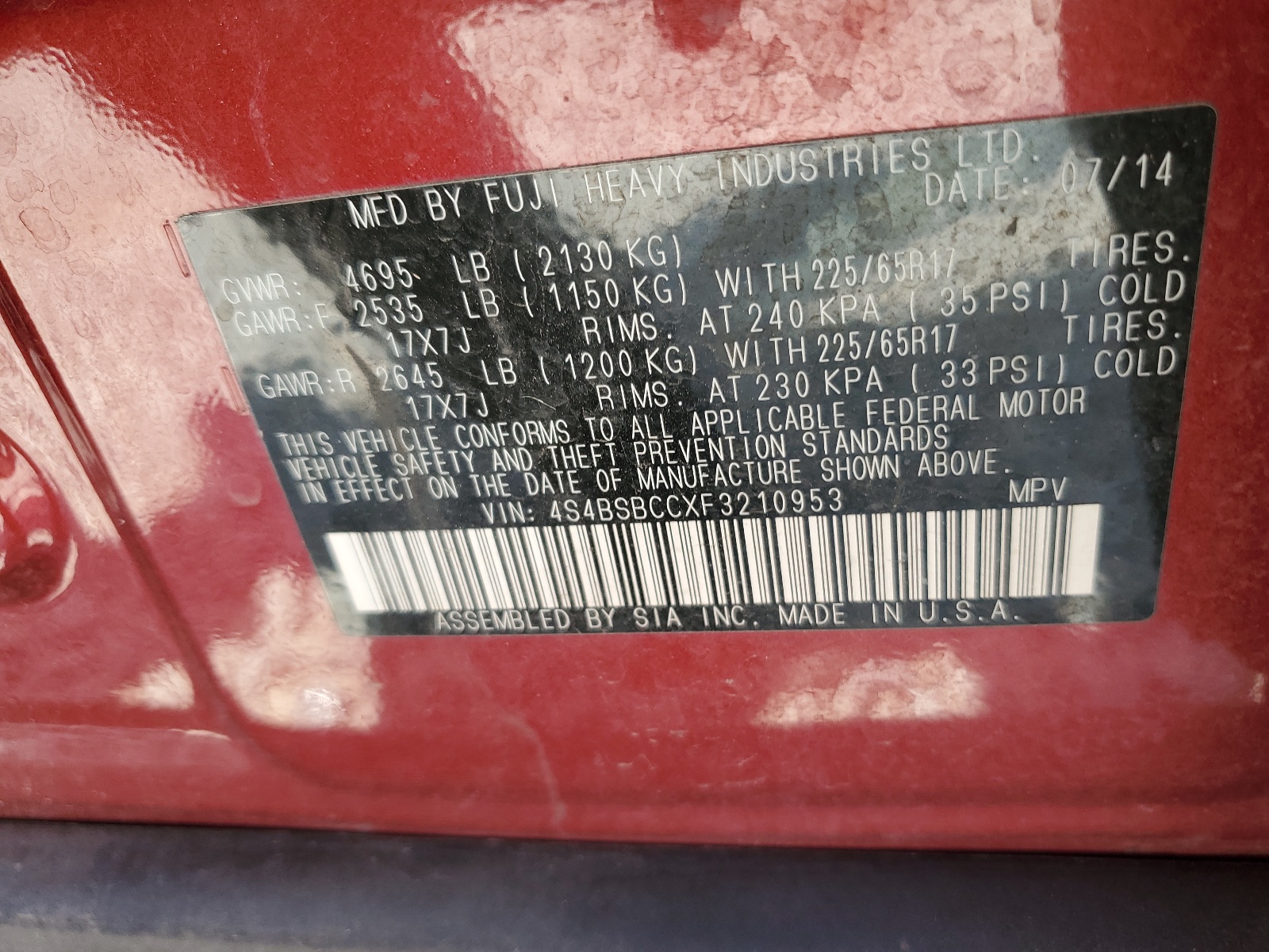 4S4BSBCCXF3210953 2015 Subaru Outback 2.5I Premium