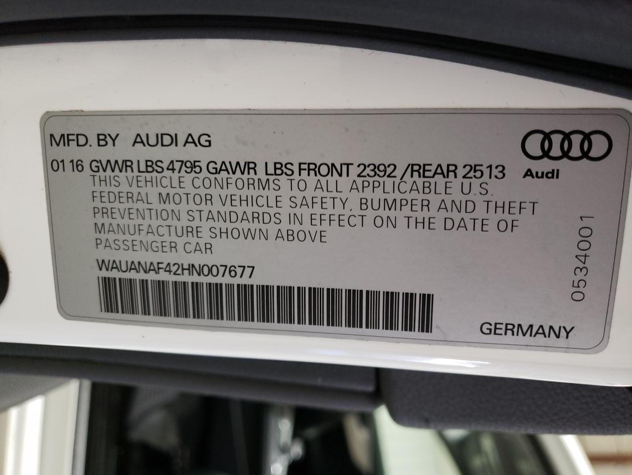 2017 Audi A4 Premium VIN: WAUANAF42HN007677 Lot: 64872824