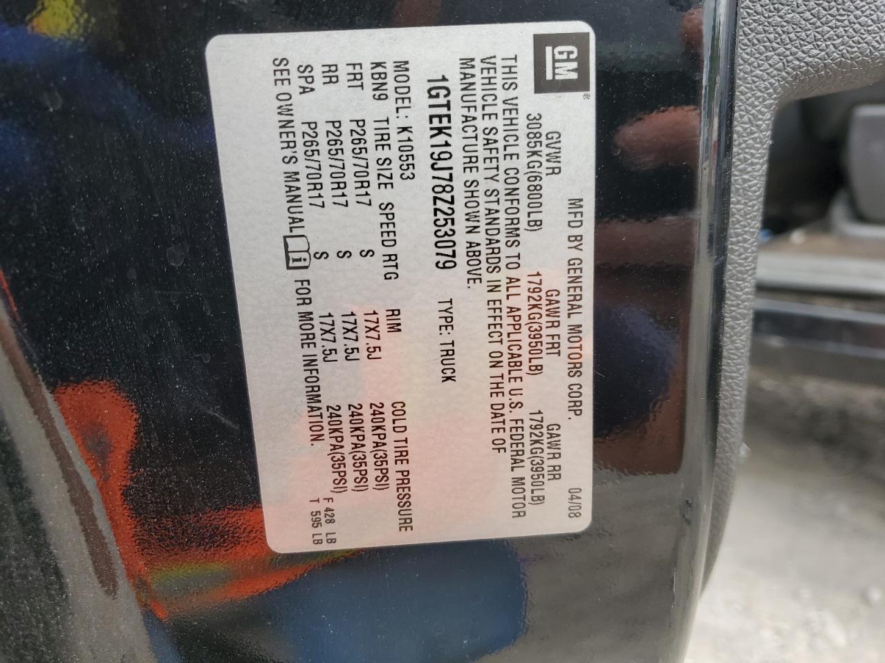 2008 GMC Sierra K1500 VIN: 1GTEK19J78Z253079 Lot: 62478324