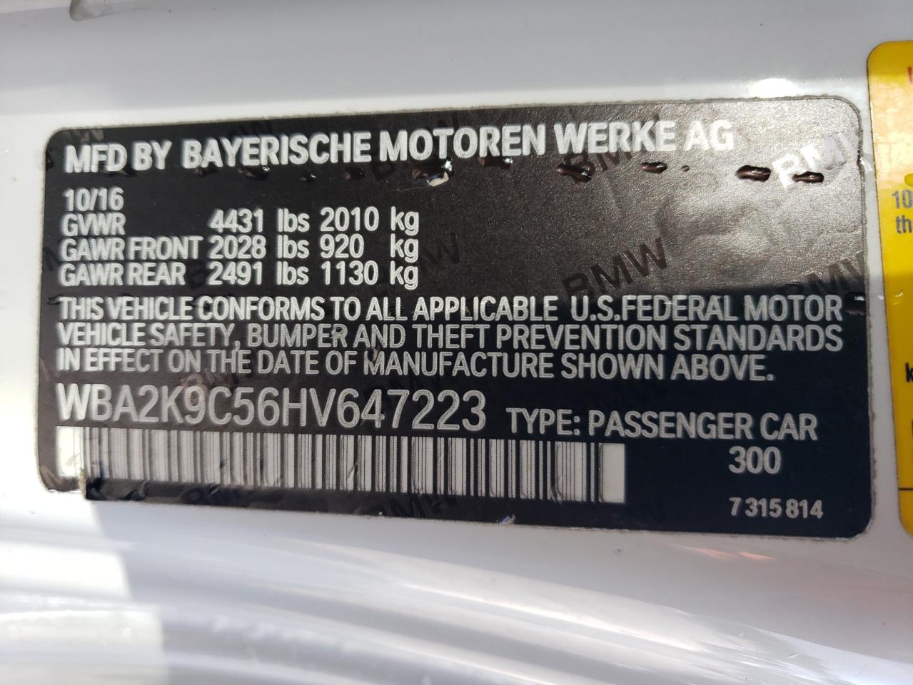 2017 BMW 230I VIN: WBA2K9C56HV647223 Lot: 64649344
