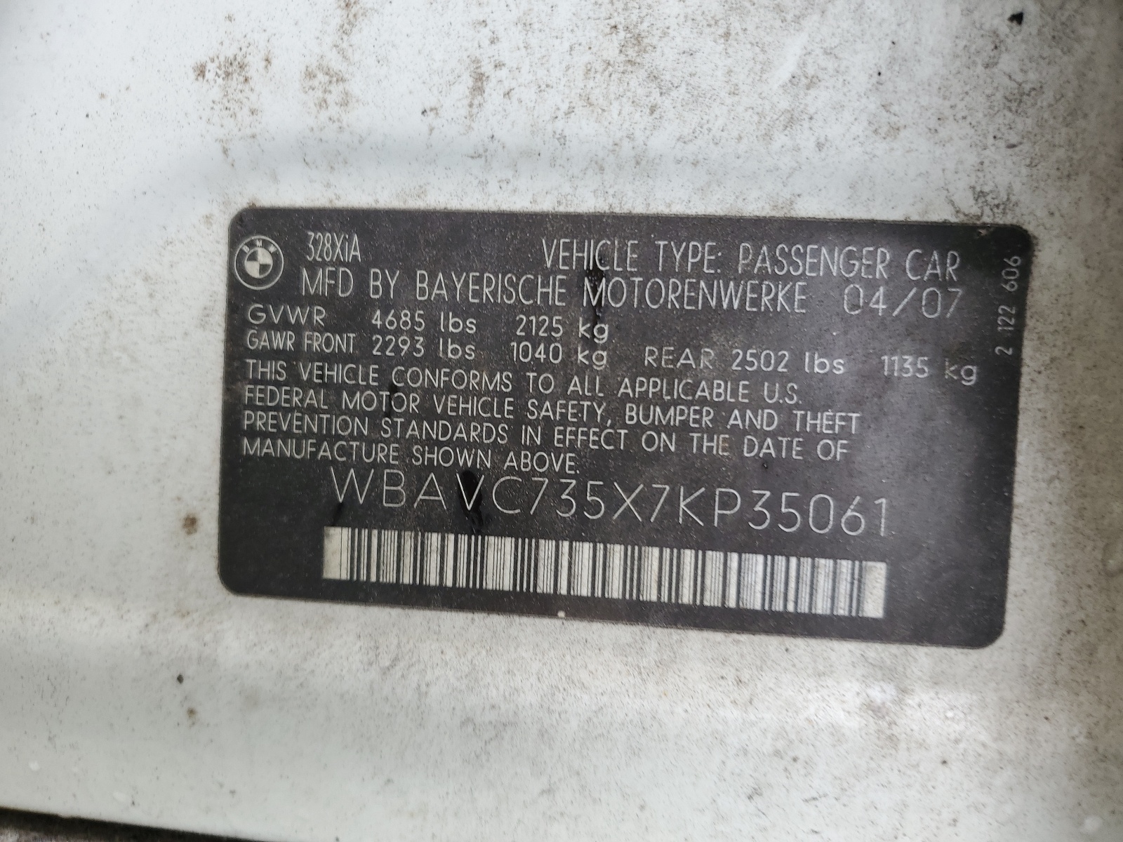 WBAVC735X7KP35061 2007 BMW 328 Xi Sulev