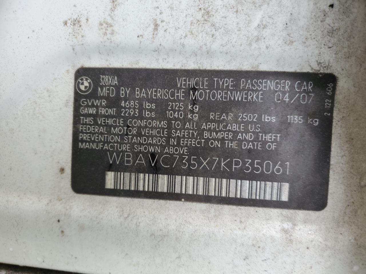 2007 BMW 328 Xi Sulev VIN: WBAVC735X7KP35061 Lot: 62572054