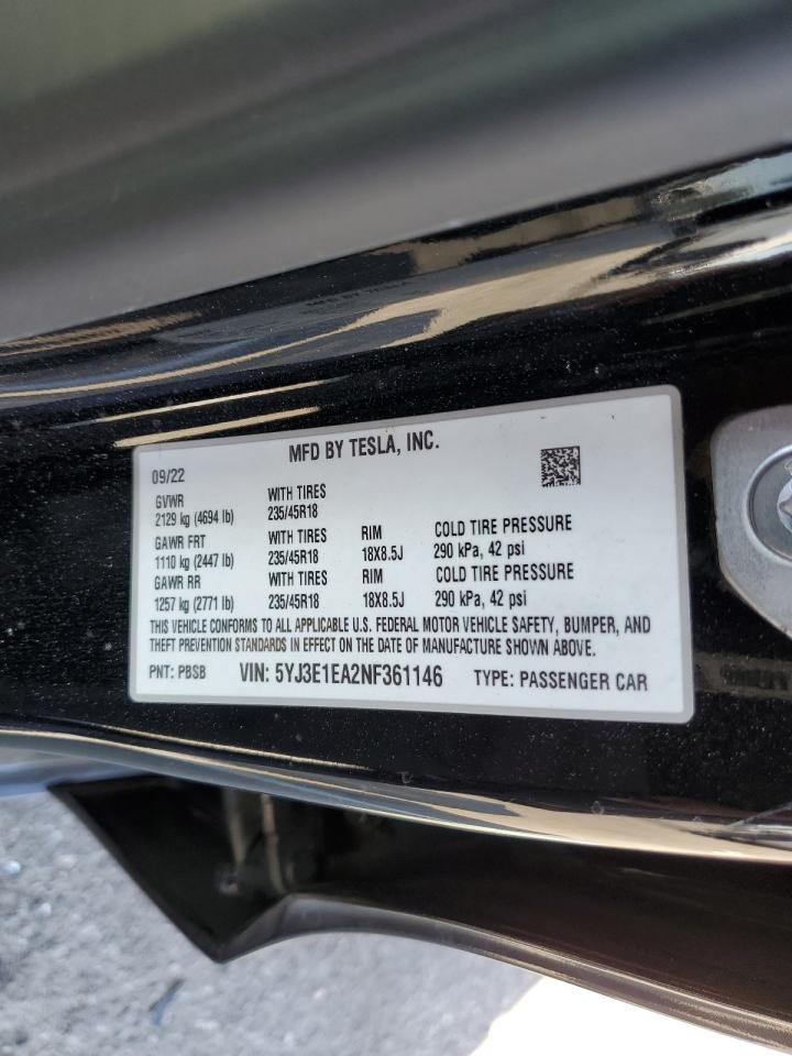 5YJ3E1EA2NF361146 2022 Tesla Model 3