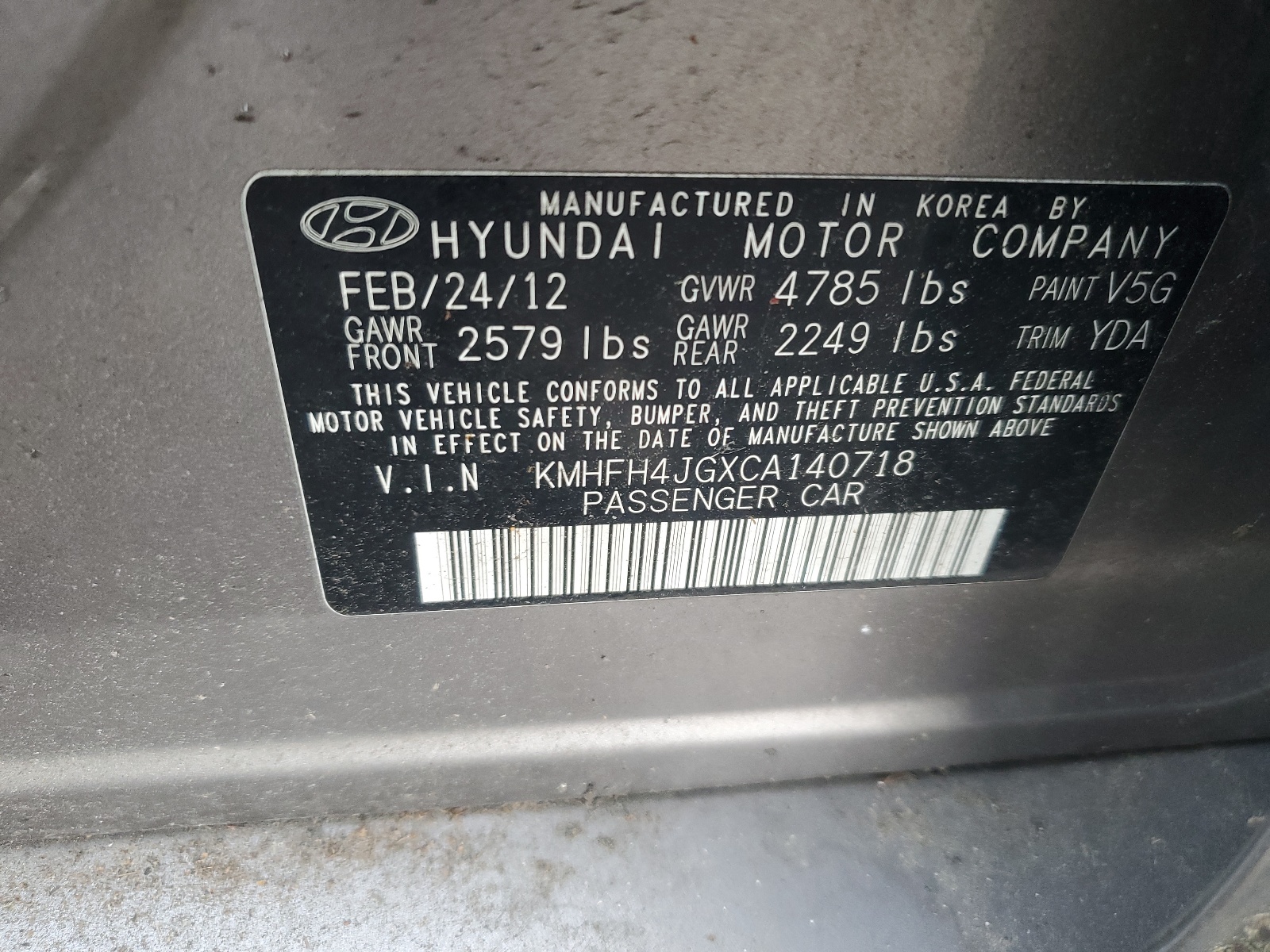 KMHFH4JGXCA140718 2012 Hyundai Azera Gls