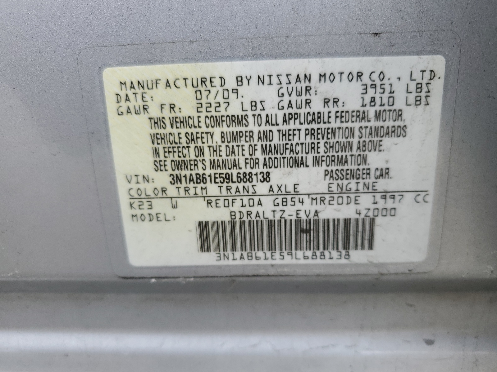 3N1AB61E59L688138 2009 Nissan Sentra 2.0