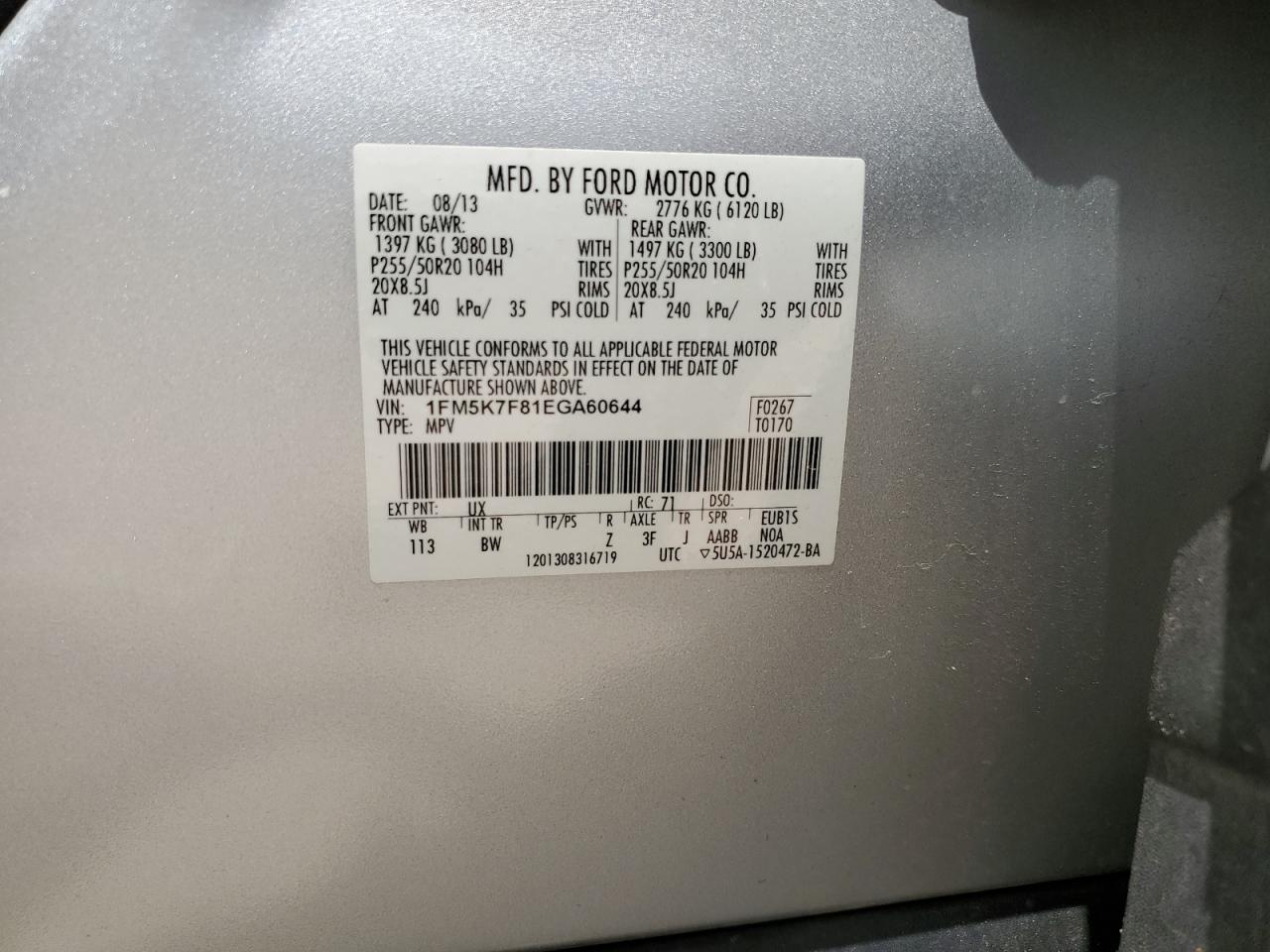 2014 Ford Explorer Limited VIN: 1FM5K7F81EGA60644 Lot: 64417154