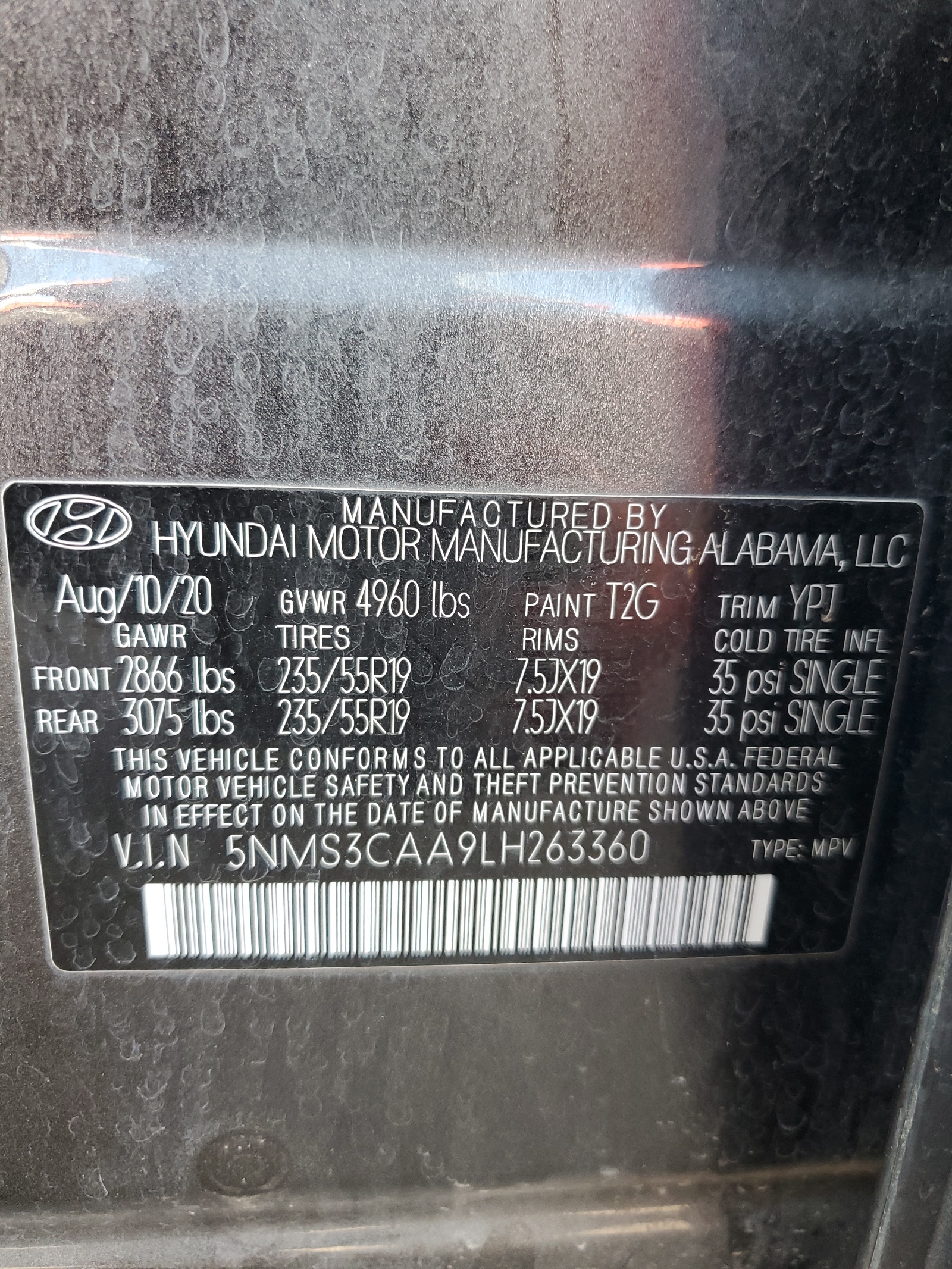 5NMS3CAA9LH263360 2020 Hyundai Santa Fe Sel