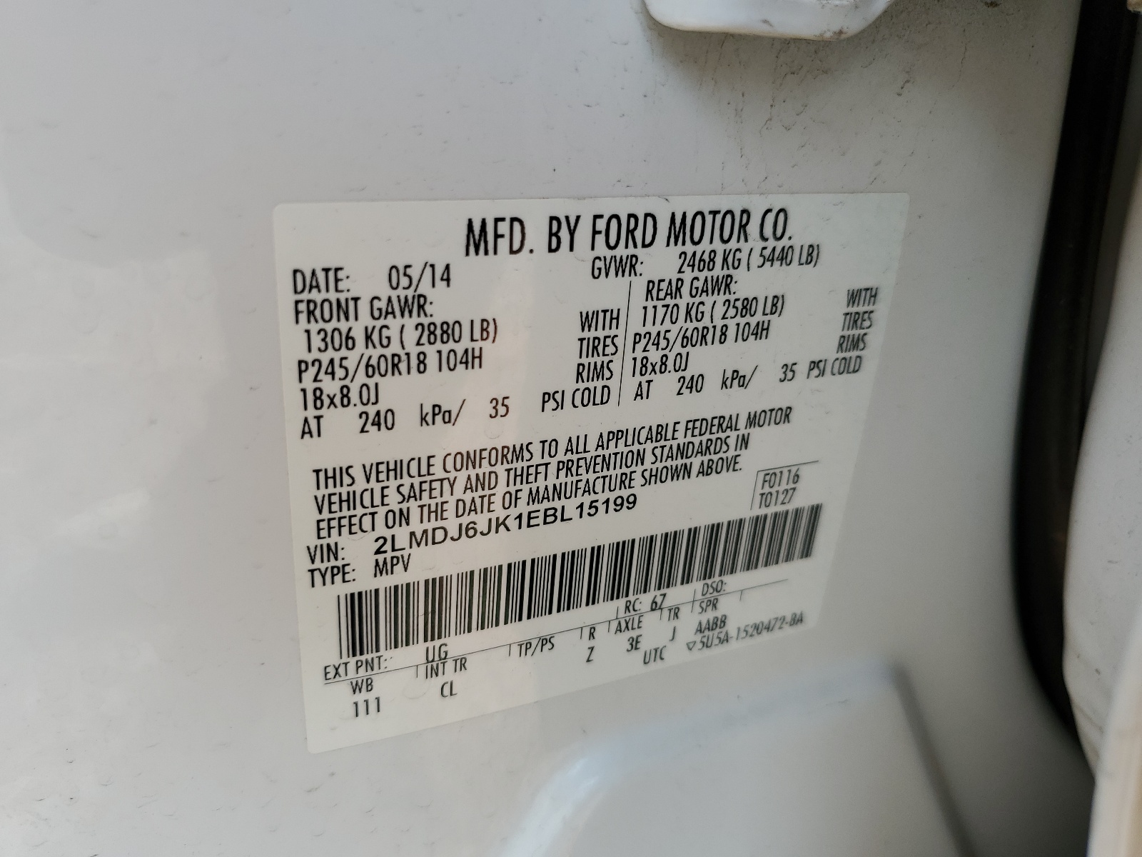 2LMDJ6JK1EBL15199 2014 Lincoln Mkx