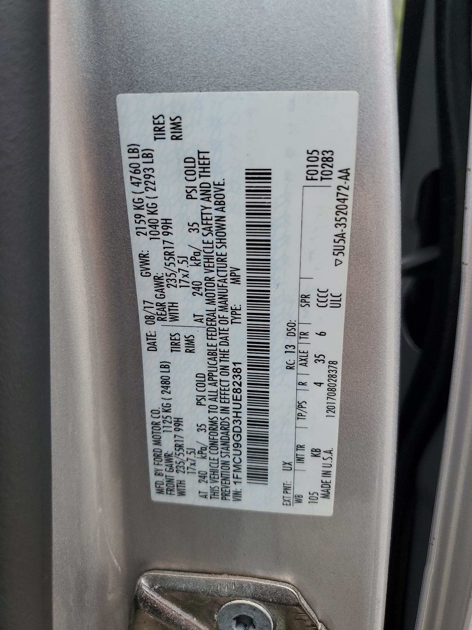 1FMCU9GD3HUE82381 2017 Ford Escape Se