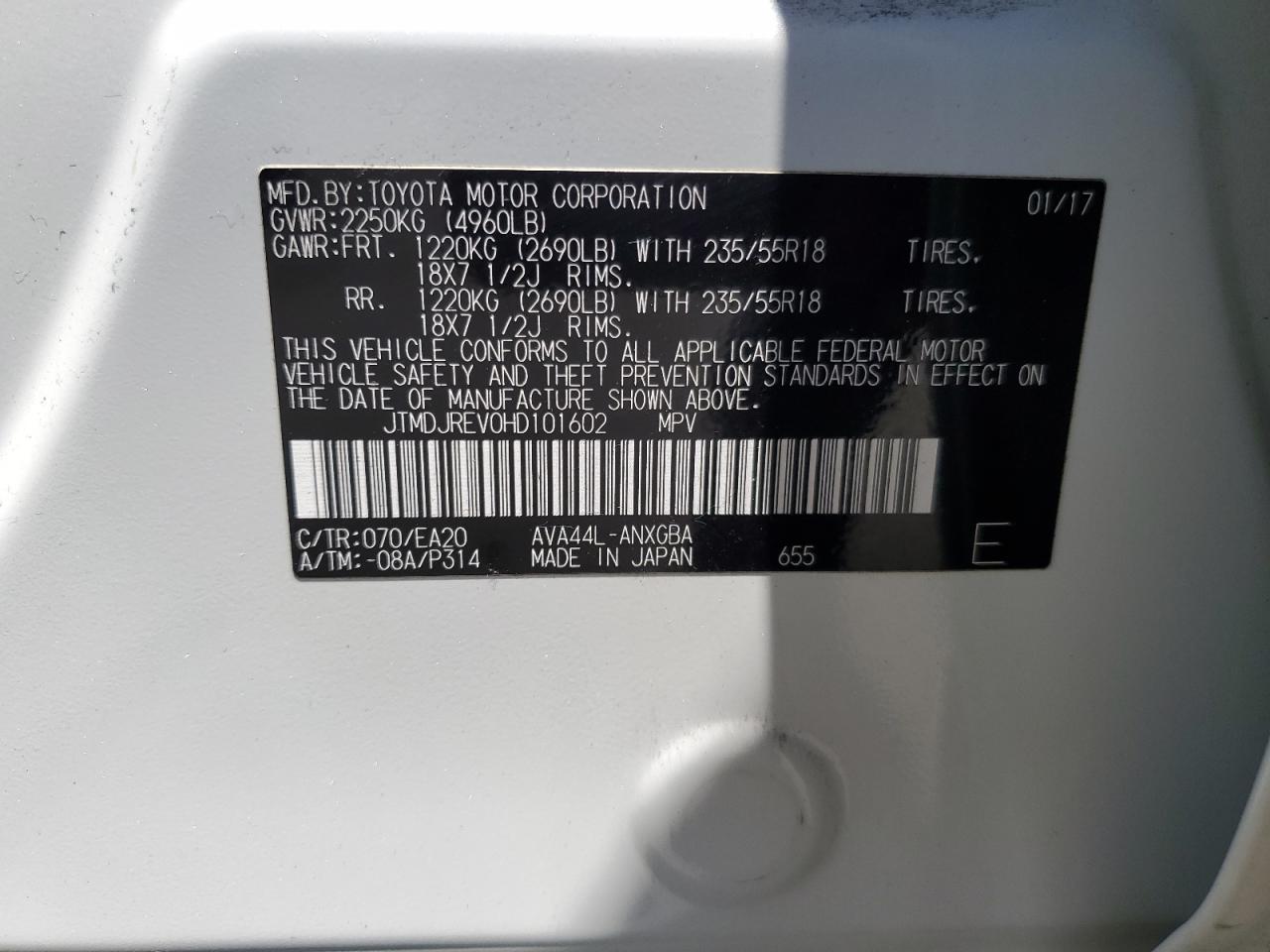 2017 Toyota Rav4 Hv Limited VIN: JTMDJREV0HD101602 Lot: 65568564